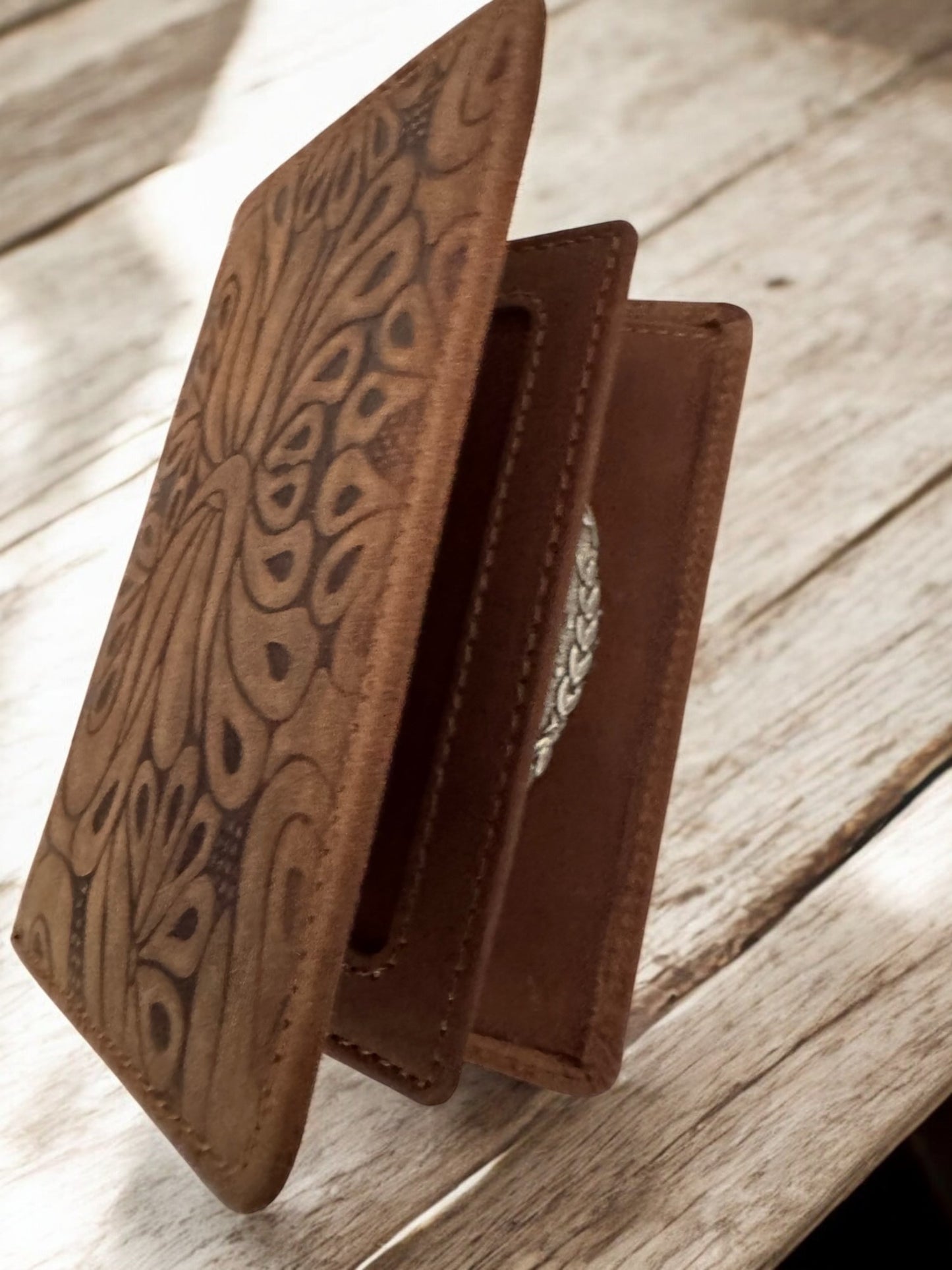 Tooled Brown Police Badge Wallet All Leather Universal Fit for Pin Back Badges