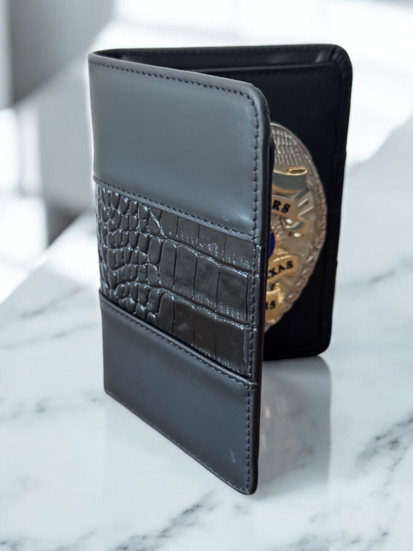 Police Badge Wallet All Leather Universal Fit-Black Croc-For Pin and Clip Back Badges