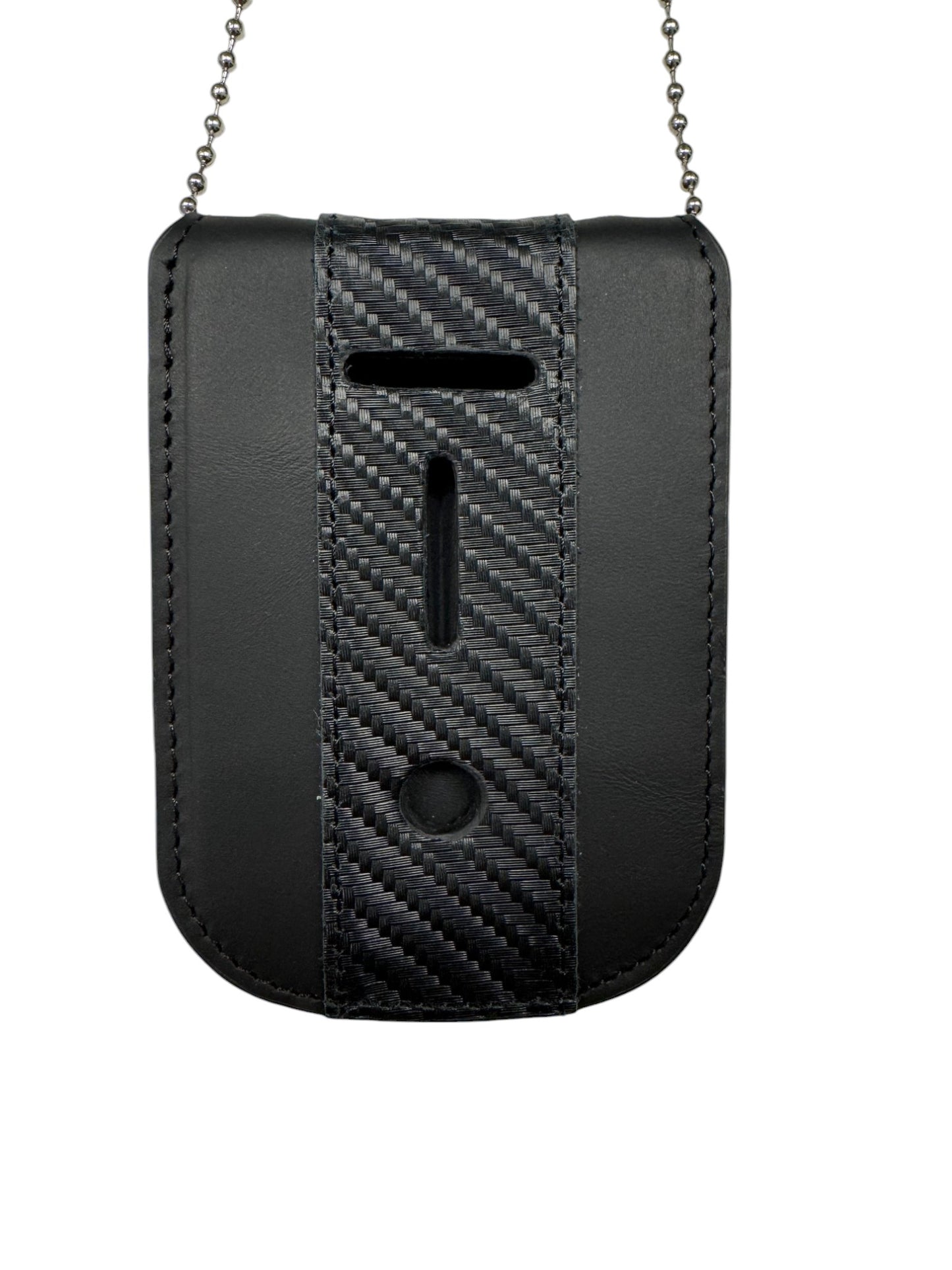 Police Black Carbon Accent Full Grain Leather Neck Chain Police Badge and ID Holder with Extra Hidden Inside ID Card Storage