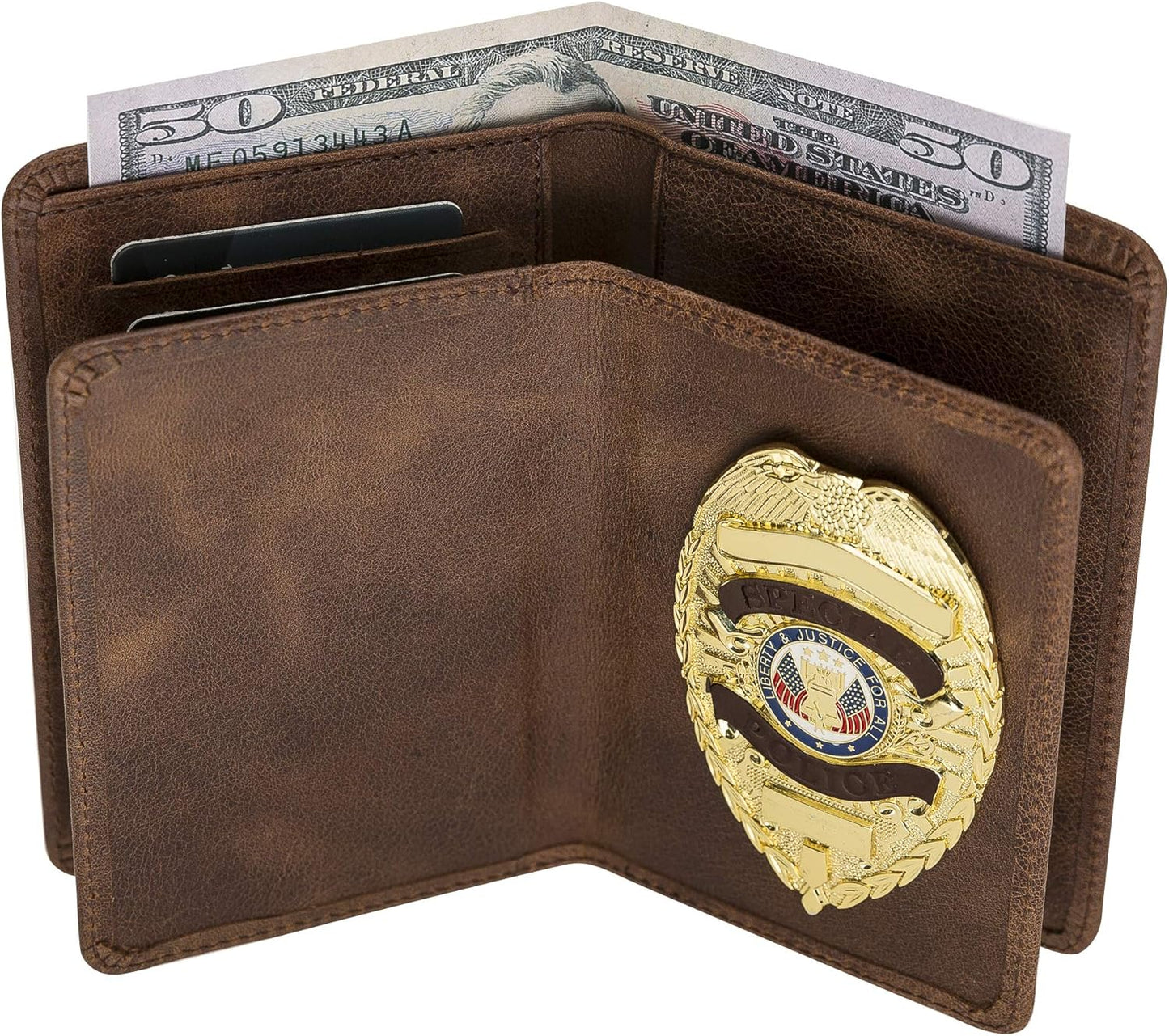 Tooled Brown Police Badge Wallet All Leather Universal Fit for Pin Back Badges