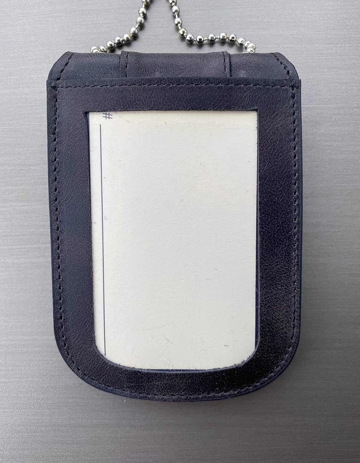 Police Black Carbon Accent Full Grain Leather Neck Chain Police Badge and ID Holder with Extra Hidden Inside ID Card Storage