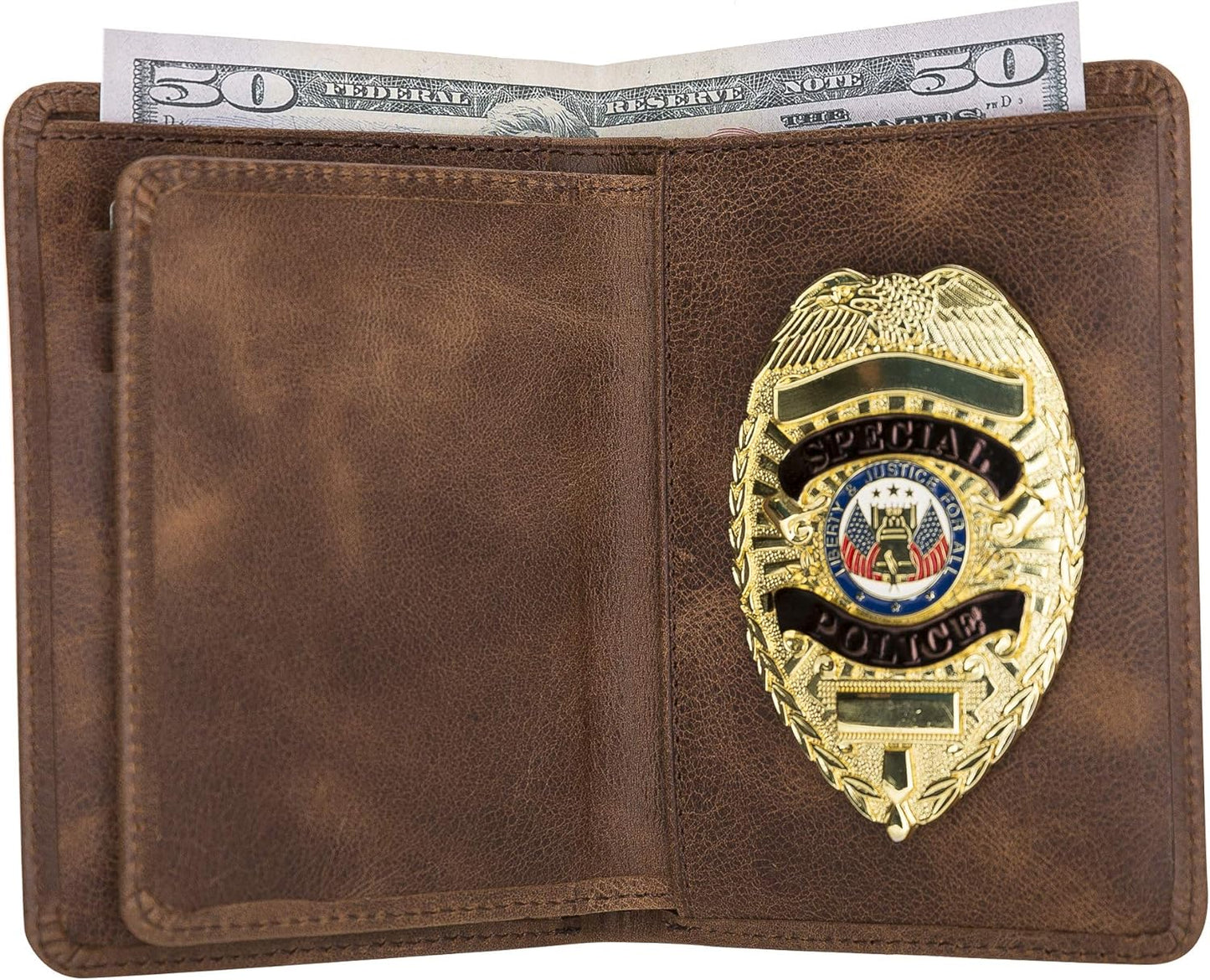 Tooled Brown Police Badge Wallet All Leather Universal Fit for Pin Back Badges