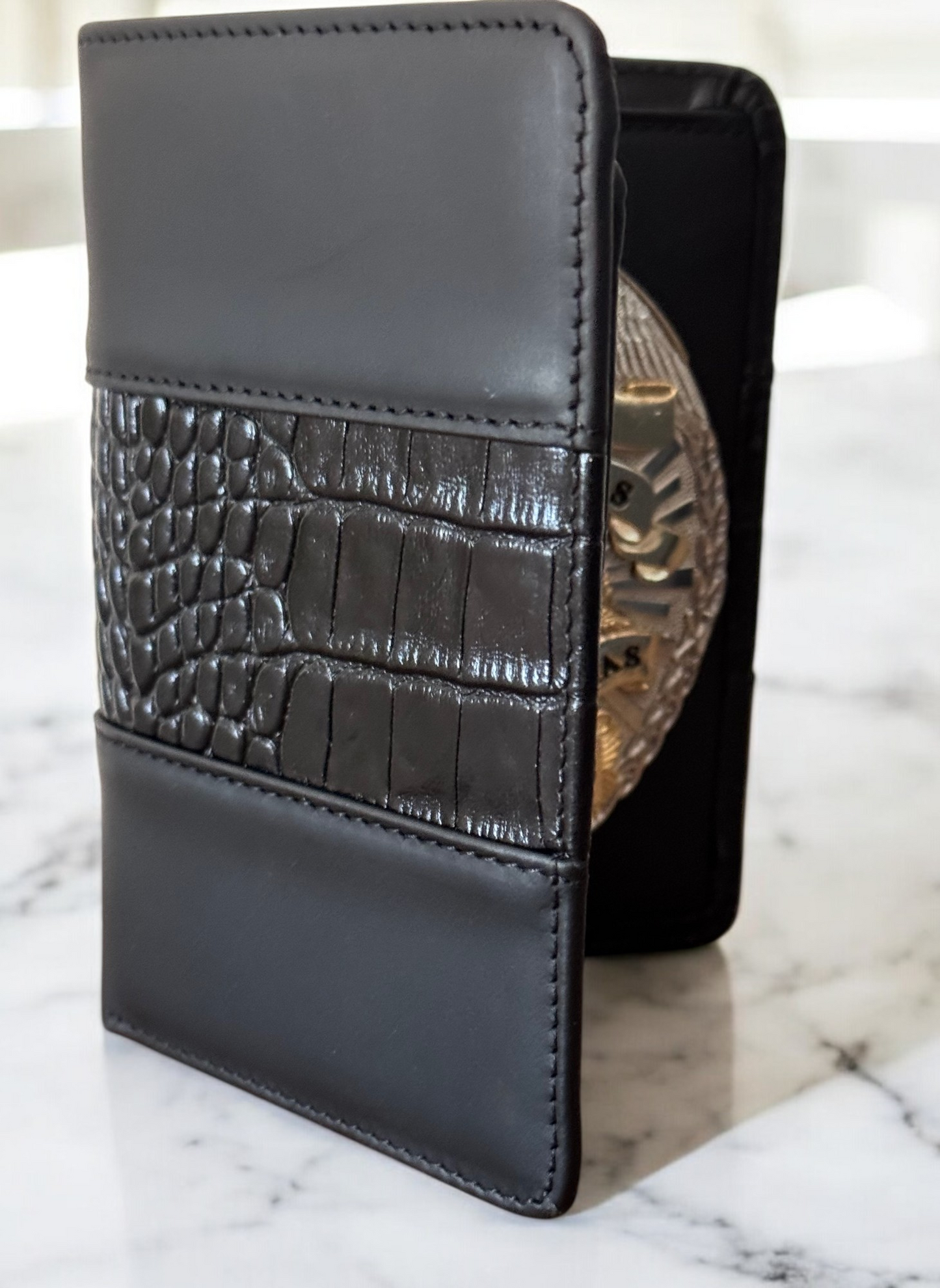 Police Badge Wallet All Leather Universal Fit-Black Croc-For Pin and Clip Back Badges