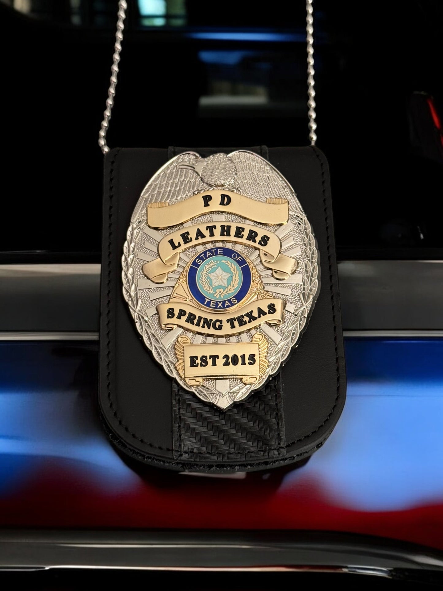 Police Black Carbon Accent Full Grain Leather Neck Chain Police Badge and ID Holder with Extra Hidden Inside ID Card Storage