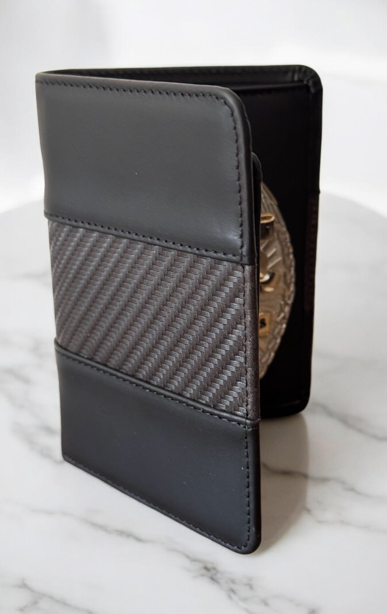 Police Badge Wallet All Leather Universal Fit- Carbon Black Leather-For Pin Back Badge