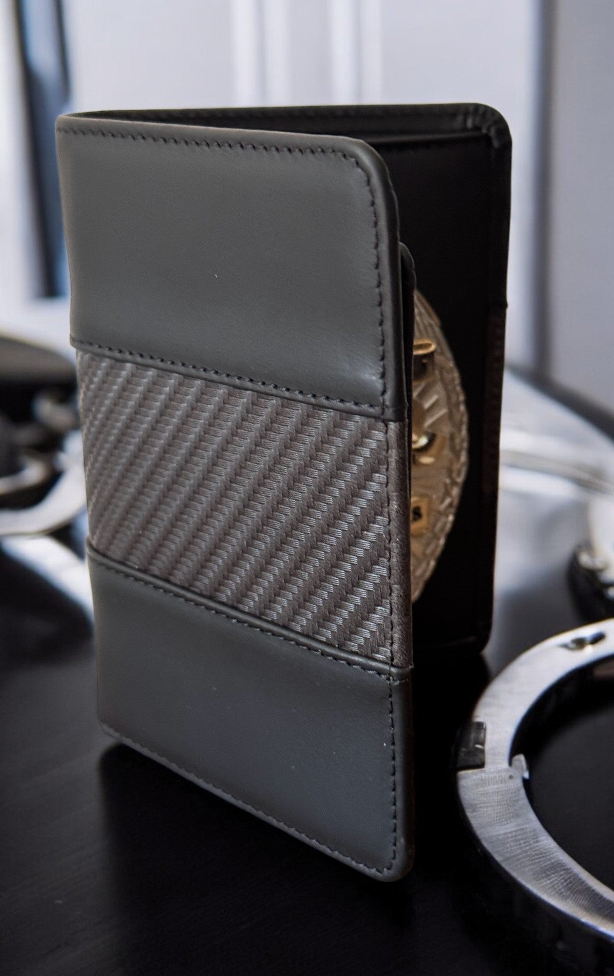 Police Badge Wallet All Leather Universal Fit- Carbon Black Leather-For Pin Back Badge
