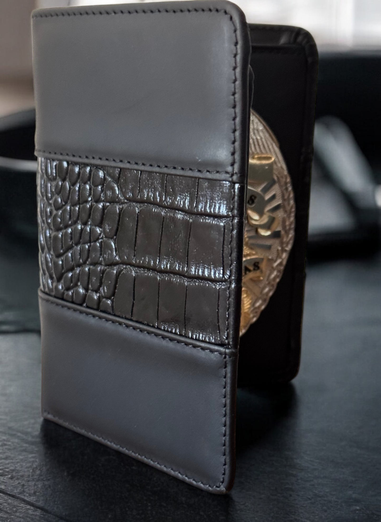 Police Badge Wallet All Leather Universal Fit-Black Croc-For Pin and Clip Back Badges