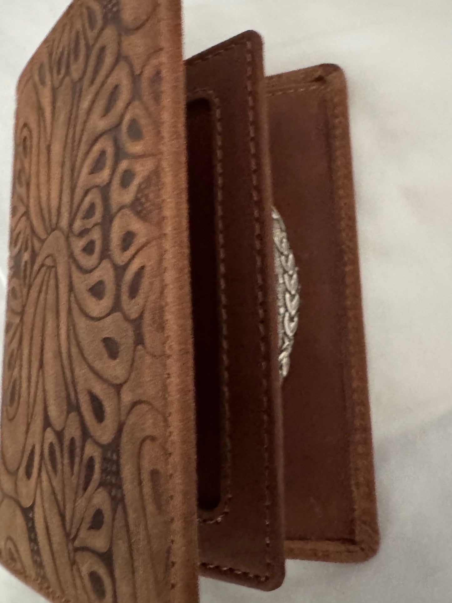 Tooled Brown Police Badge Wallet All Leather Universal Fit for Pin Back Badges
