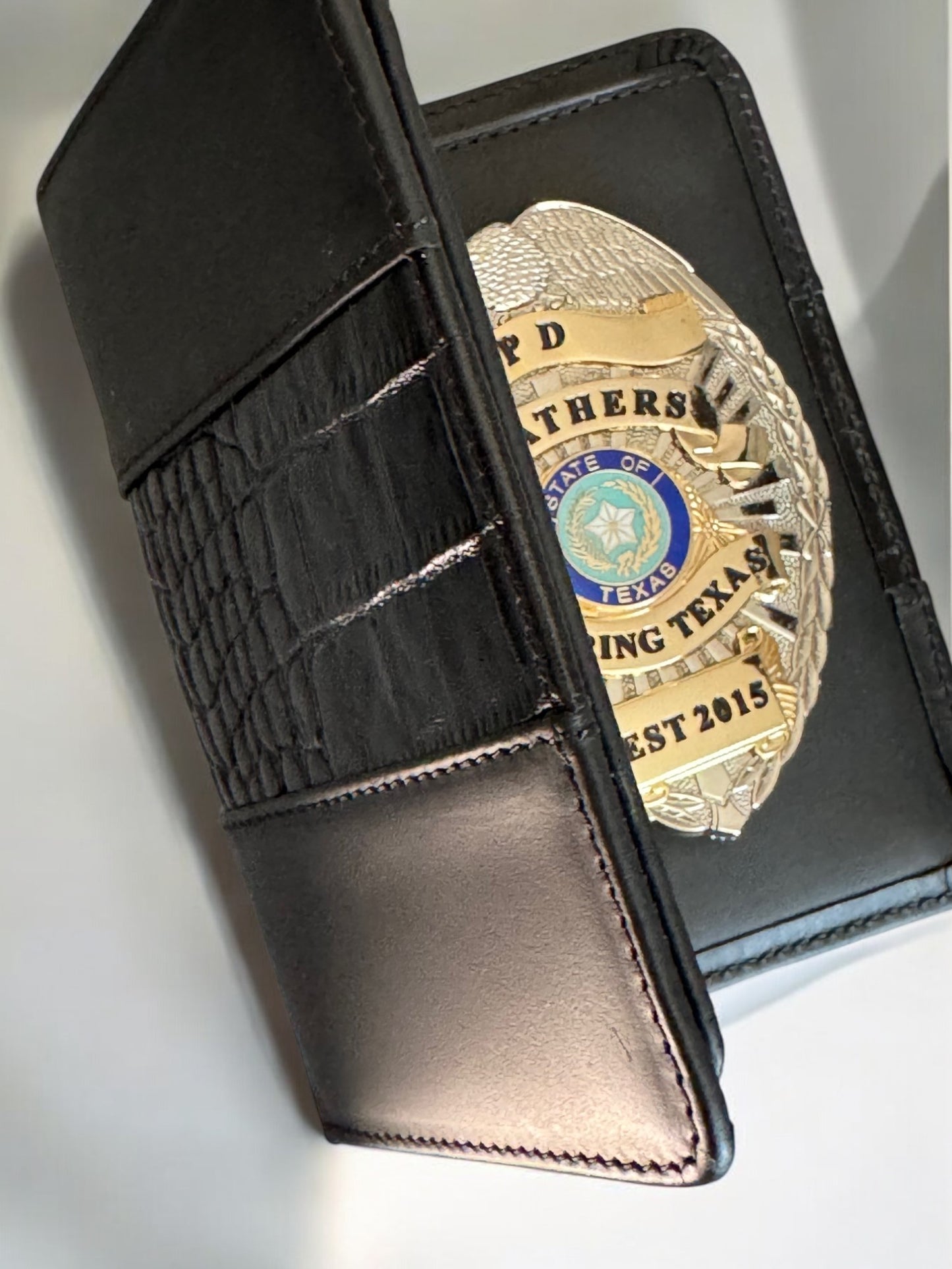 Police Badge Wallet All Leather Universal Fit-Black Croc-For Pin and Clip Back Badges