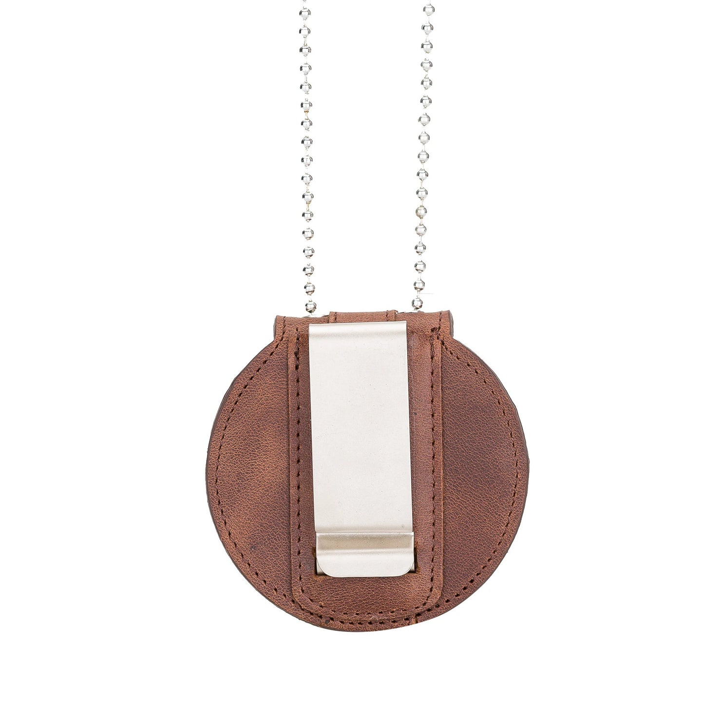 Police Badge Holder Saddle Brown- Full Grain Leather- Round Badge Holder Belt Clip - Optional to Use Around The Neck
