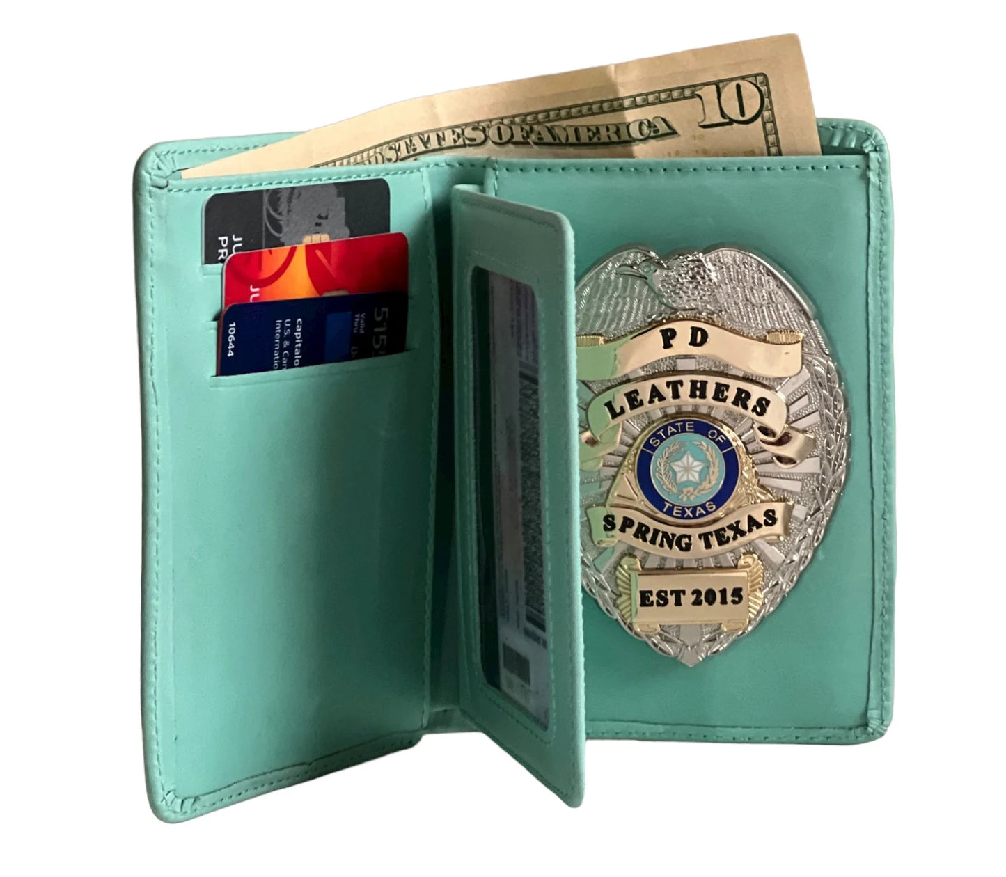 Police Badge Wallet All Leather Universal Fit- Turquoise-For Pin and Clip Back Badges