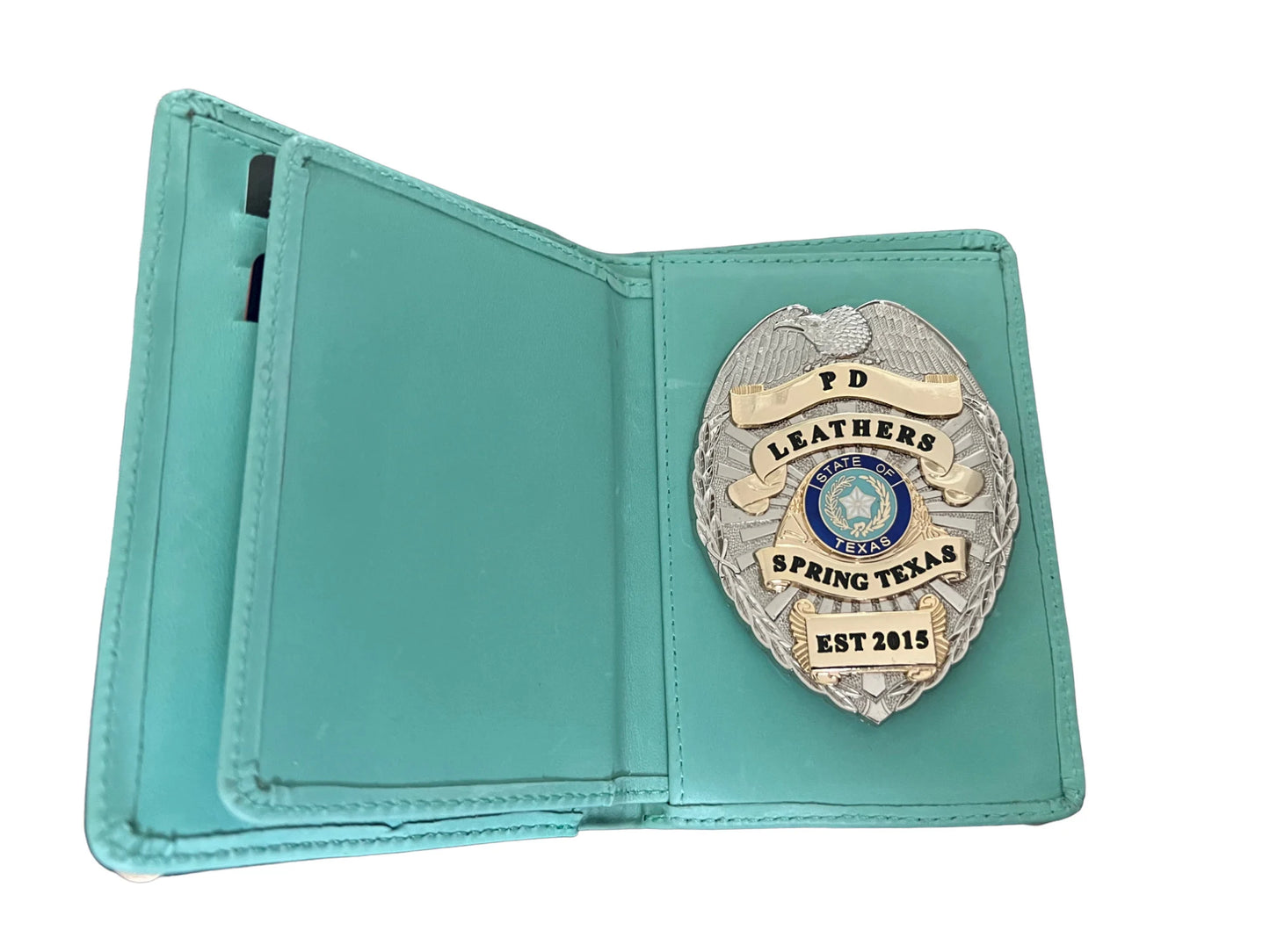 Police Badge Wallet All Leather Universal Fit- Turquoise-For Pin and Clip Back Badges