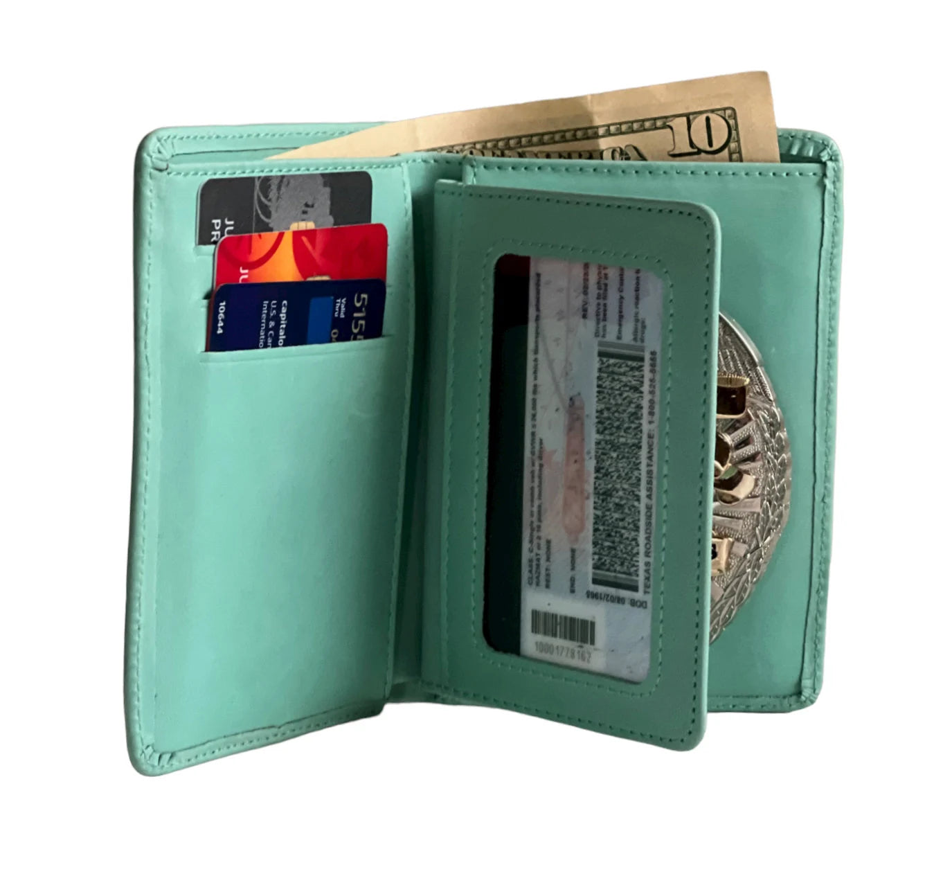 Police Badge Wallet All Leather Universal Fit- Turquoise-For Pin and Clip Back Badges
