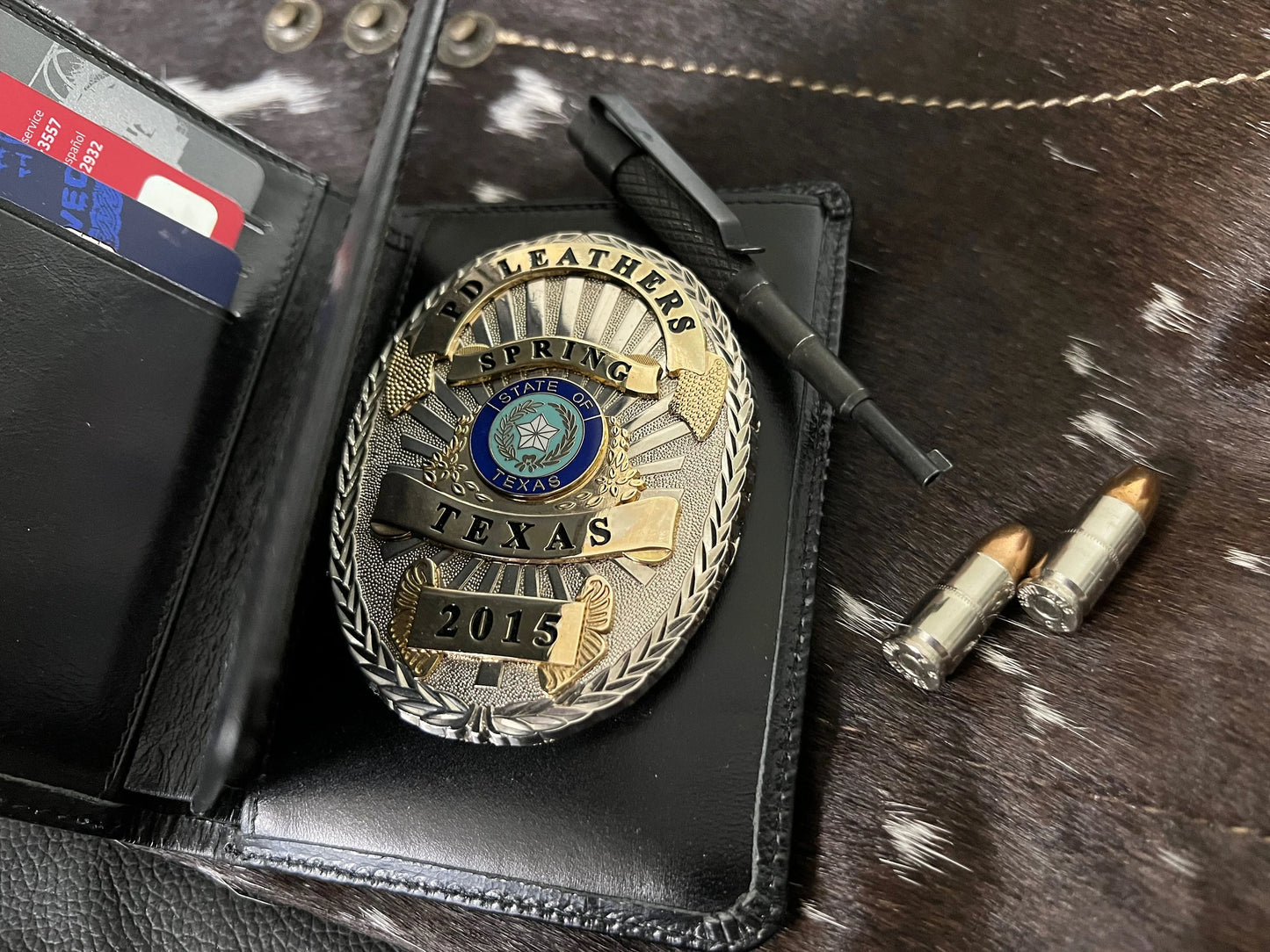Police Badge Wallet All Leather Universal Fit-Black Croc-For Pin Back Badges