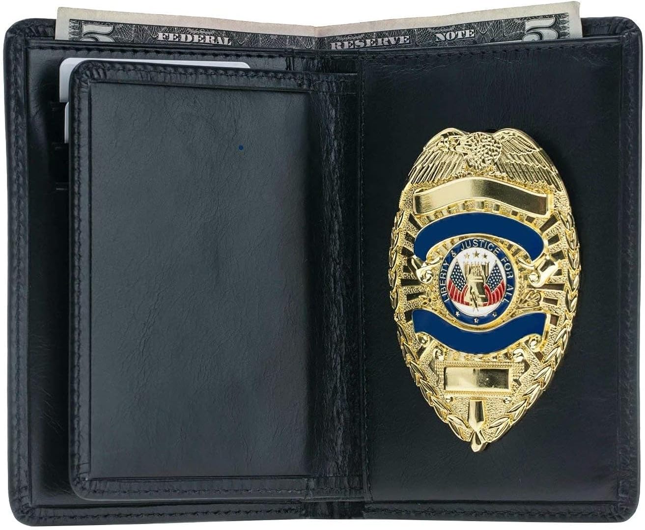 Police Badge Wallet All Leather Universal Fit-Black for Pin and Clip Back Badges
