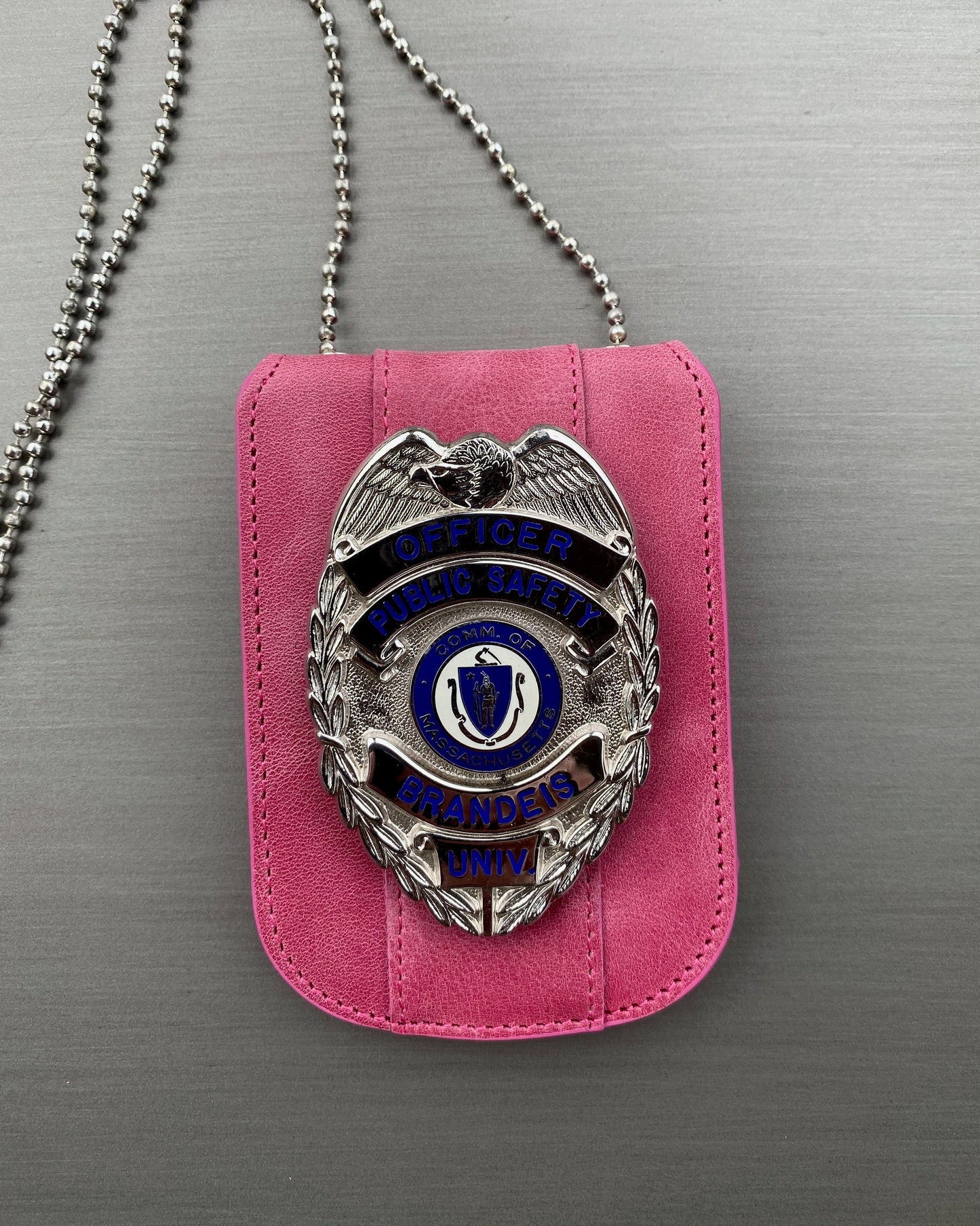 Dusty Rose Pink Full Grain Leather Neck Chain Police Badge and ID Holder with Extra Hidden Inside ID Card Storage