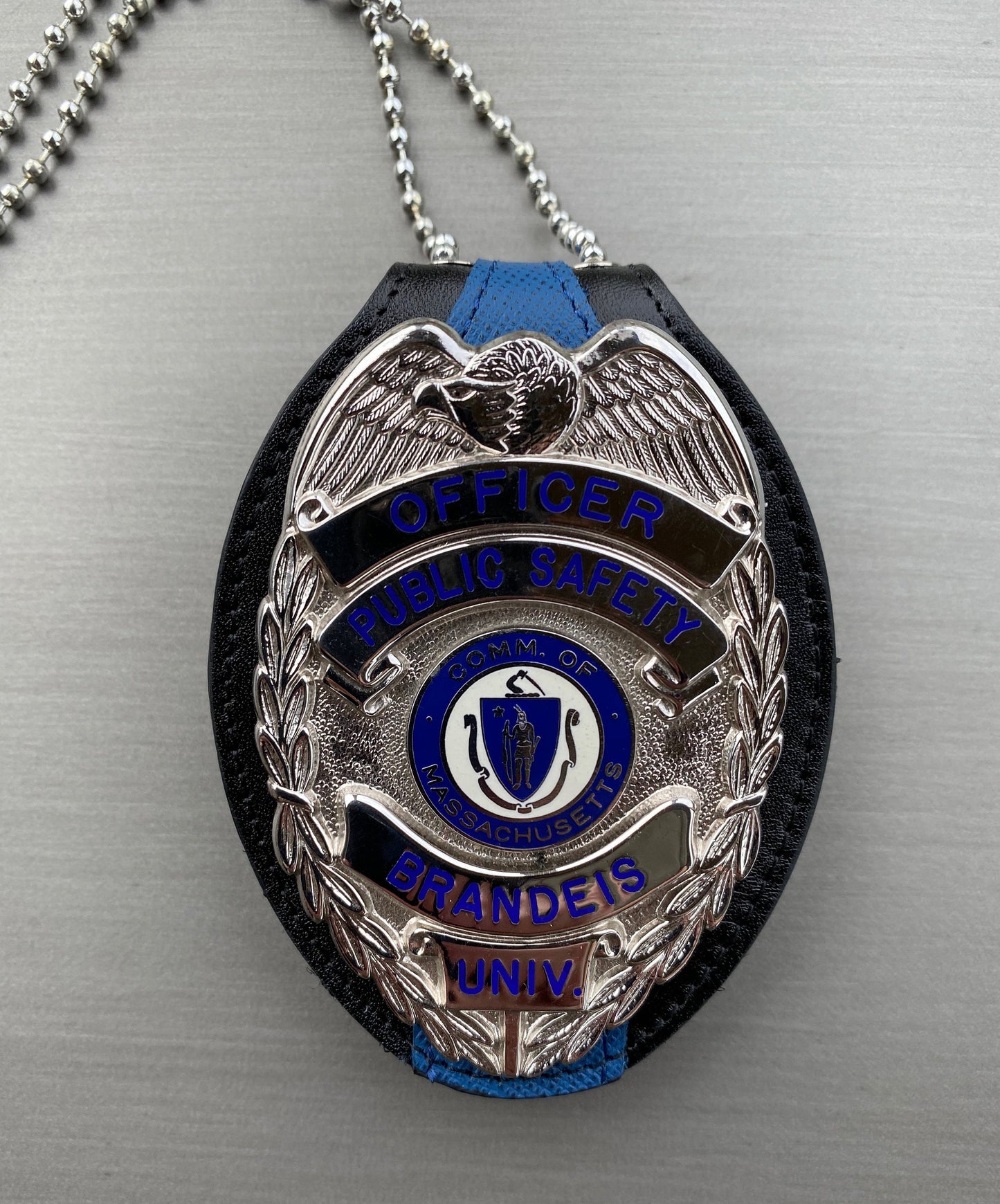 Police Badge Holder-Thin Blue Line Full Grain Leather-Oval Belt Clip - Optional to Use Around The Neck