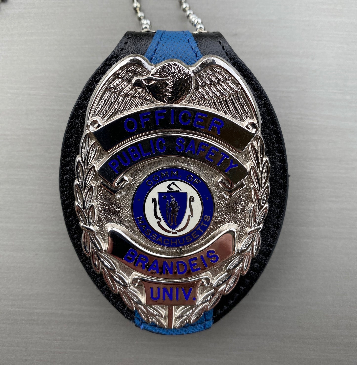 Police Badge Holder-Thin Blue Line Full Grain Leather-Oval Belt Clip - Optional to Use Around The Neck