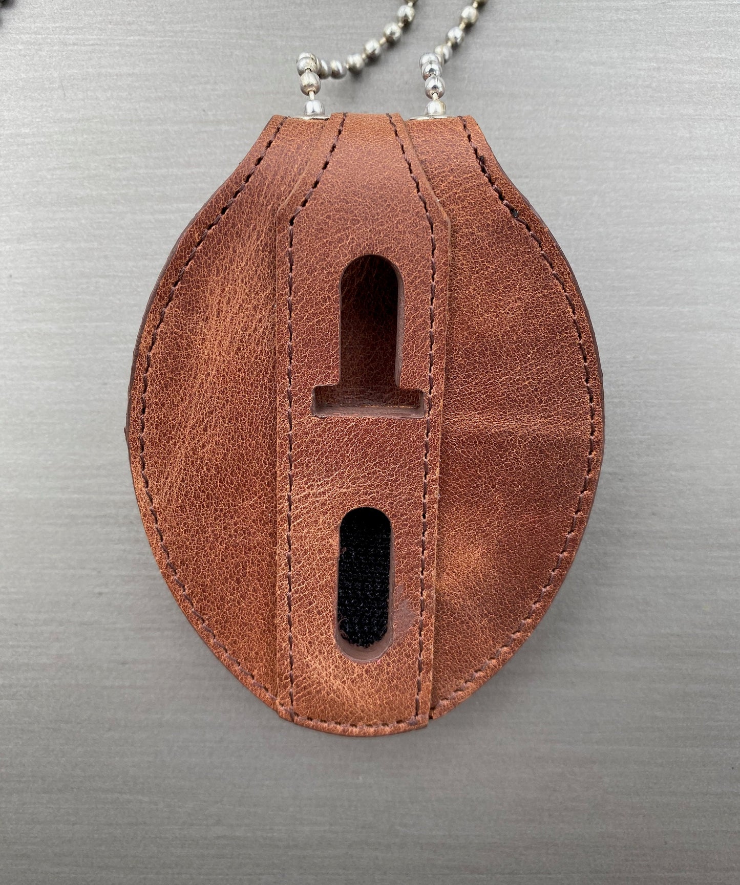 Police Badge Holder-Saddle Brown Full Grain Leather-Oval Belt Clip - Optional to Use Around The Neck