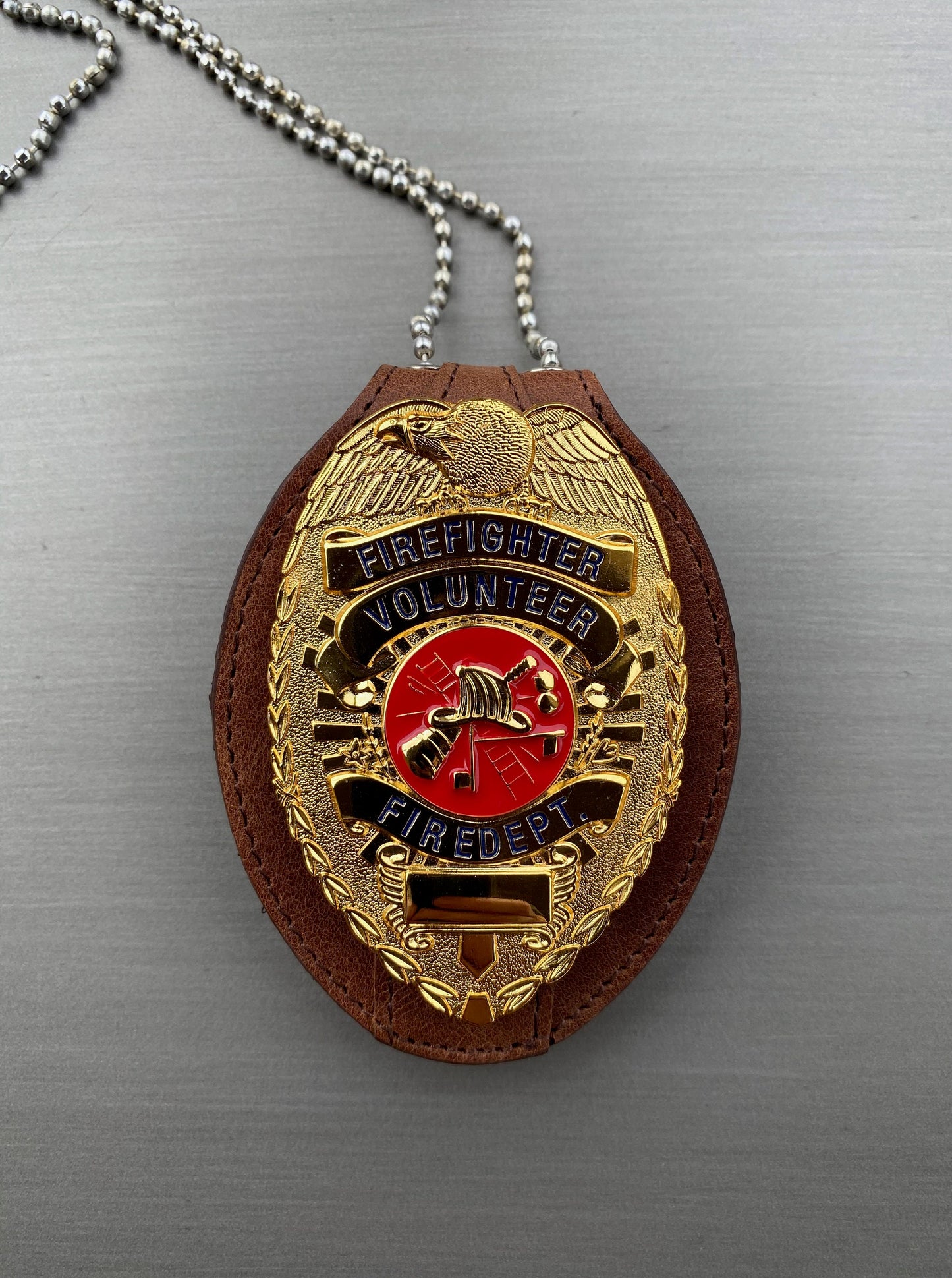 Police Badge Holder-Saddle Brown Full Grain Leather-Oval Belt Clip - Optional to Use Around The Neck