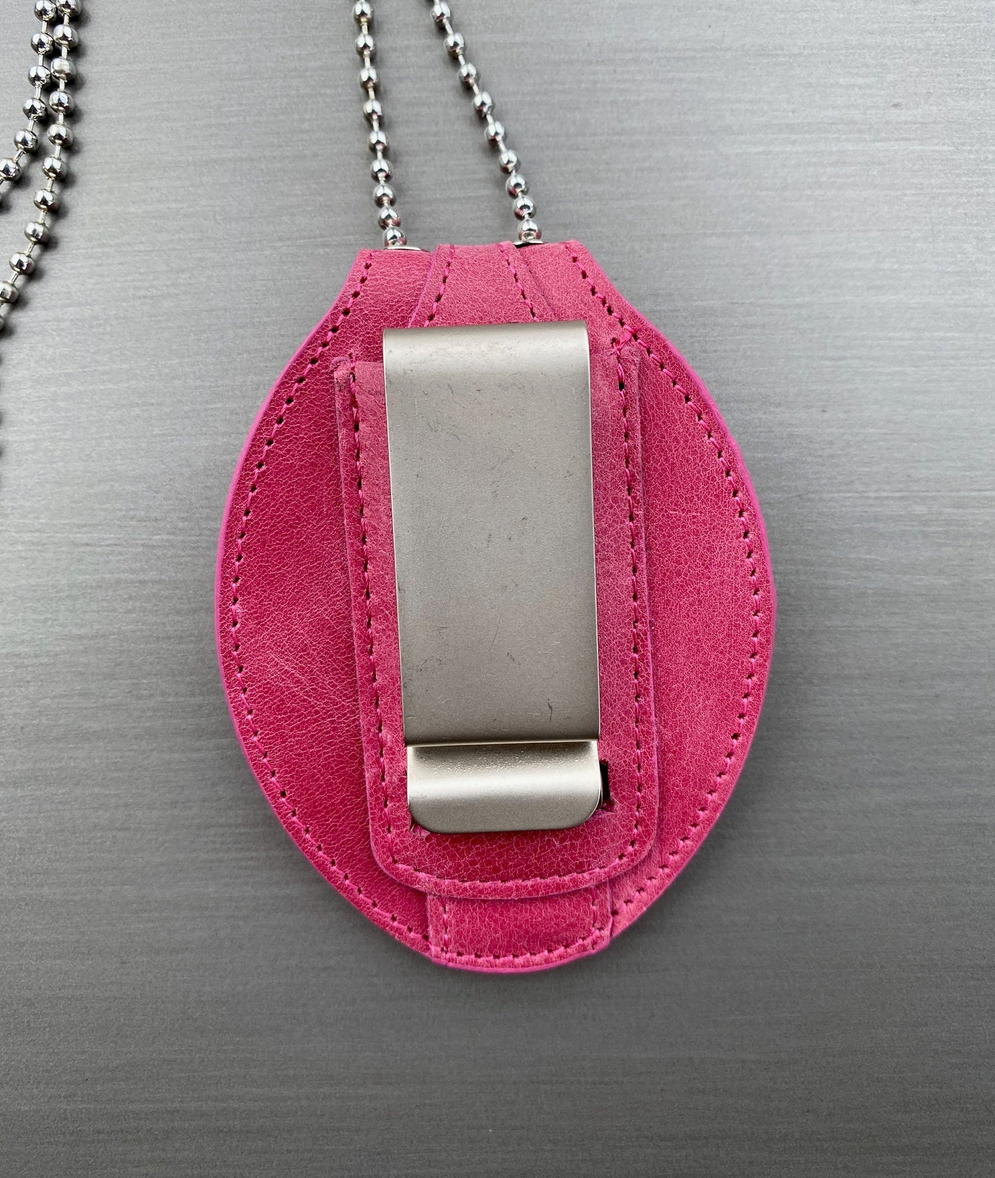 Police Badge Holder-Dusty Rose Pink Full Grain Leather-Oval Belt Clip - Optional to Use Around The Neck