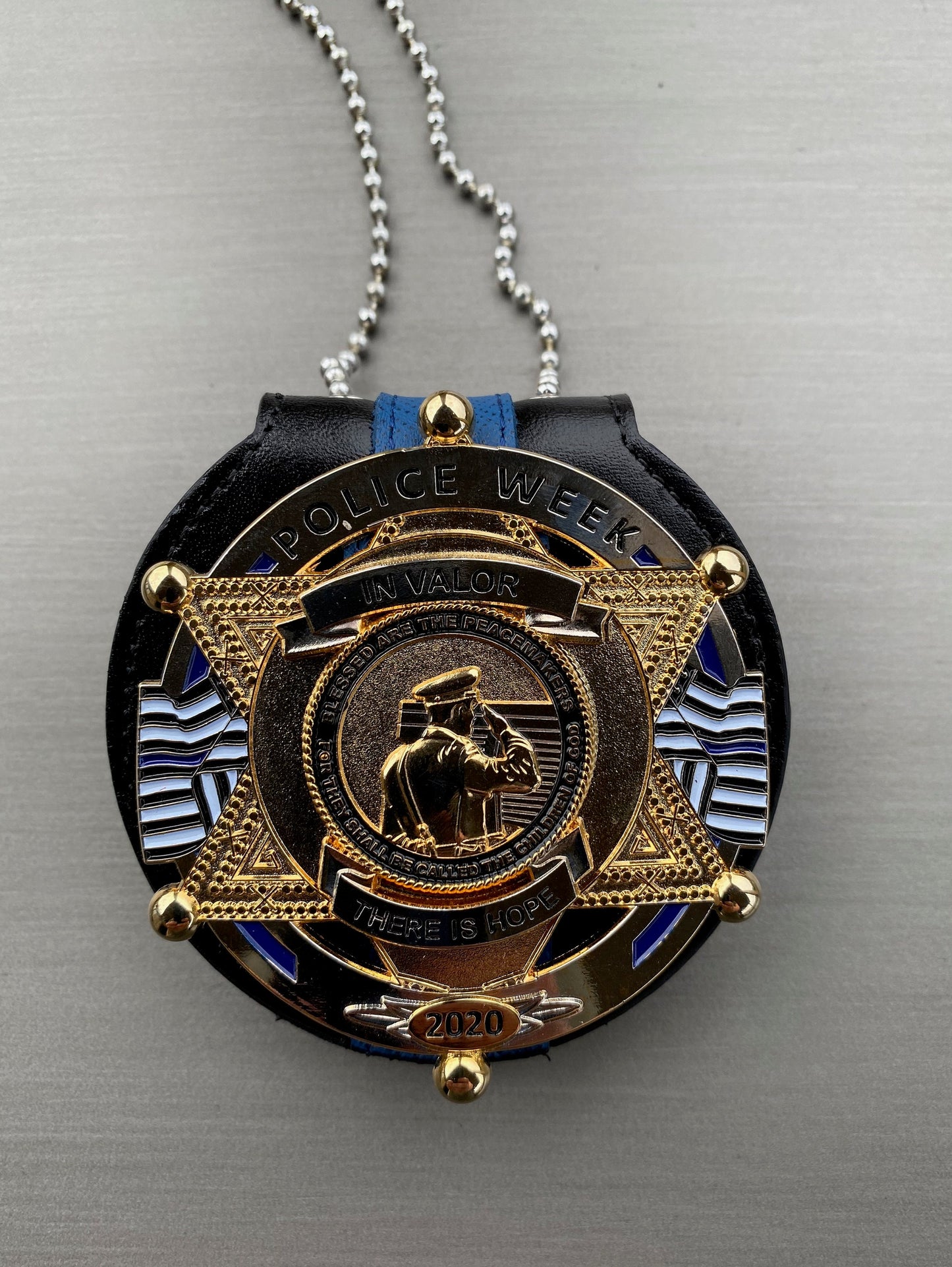Police Badge Holder-Thin Blue Line & Black Full Grain Leather- Round Belt Clip - Optional to Use Around The Neck