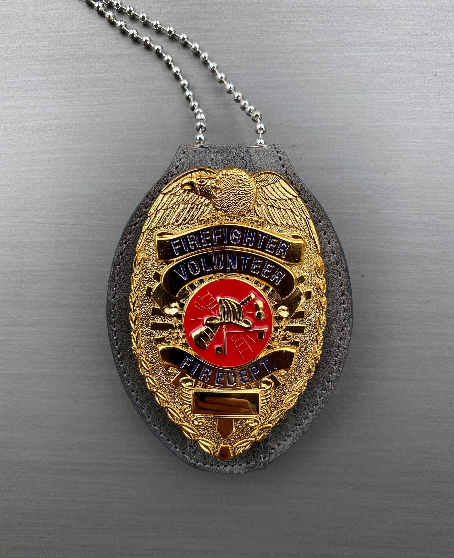 Police Badge Holder-Gray Full Grain Leather-Oval Belt Clip - Optional to Use Around The Nck
