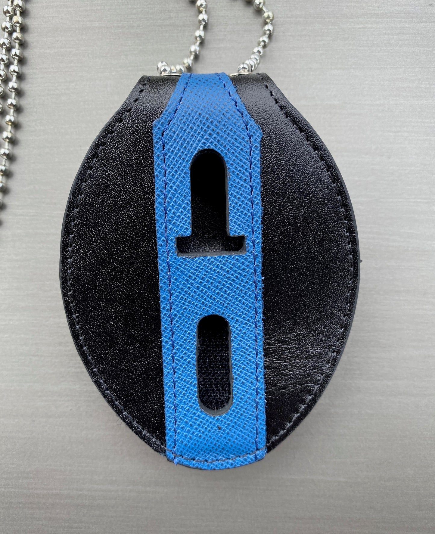 Police Badge Holder-Thin Blue Line Full Grain Leather-Oval Belt Clip - Optional to Use Around The Neck