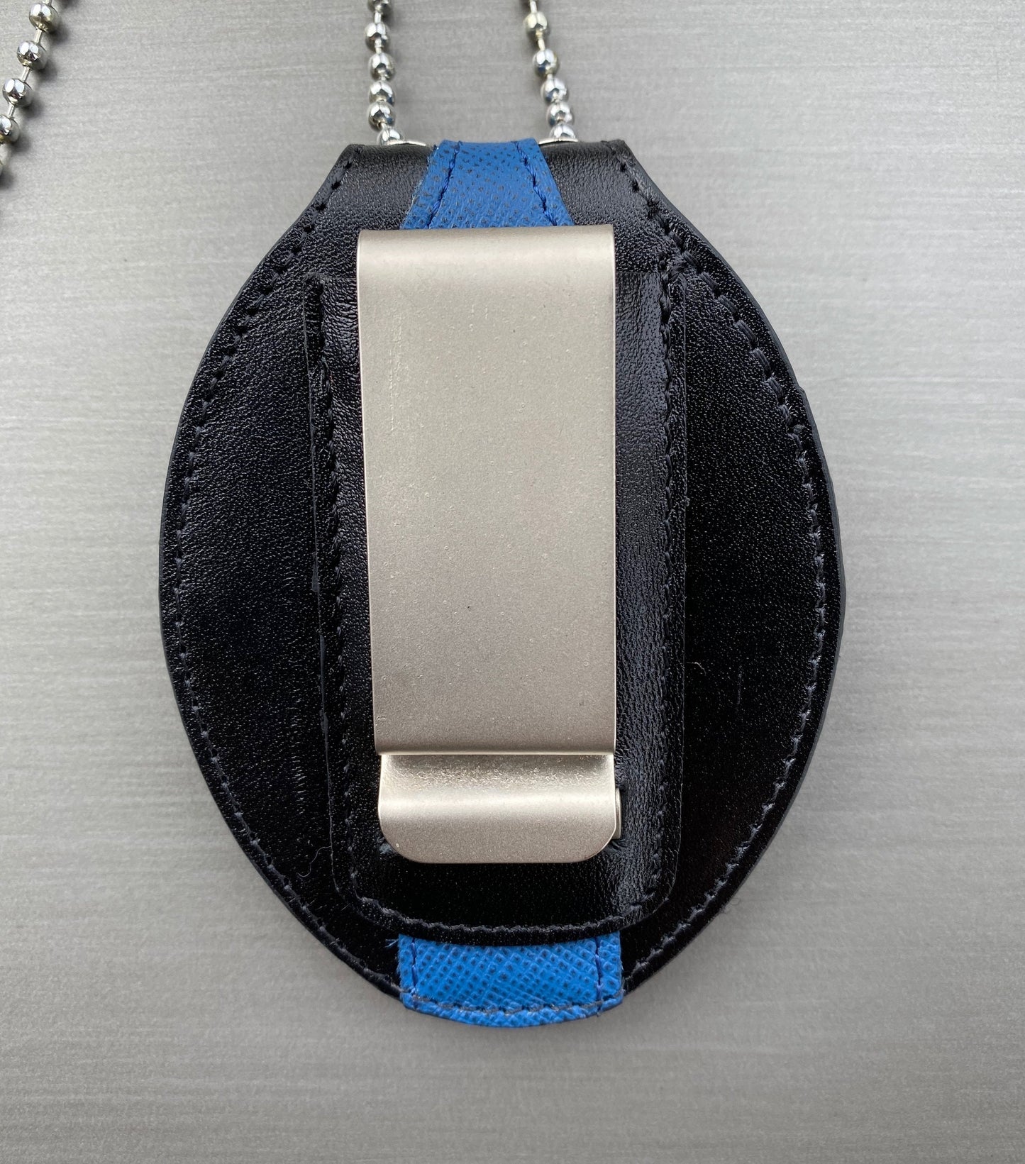 Police Badge Holder-Thin Blue Line Full Grain Leather-Oval Belt Clip - Optional to Use Around The Neck