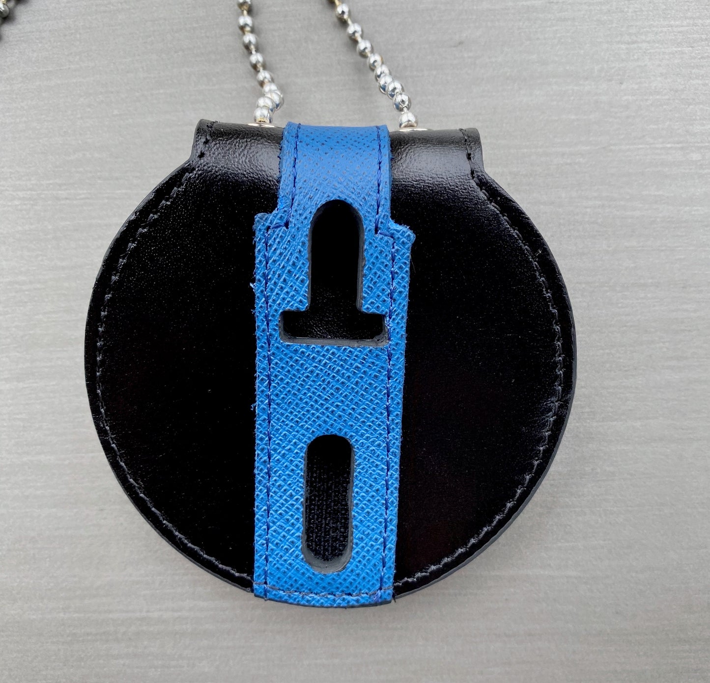 Police Badge Holder-Thin Blue Line & Black Full Grain Leather- Round Belt Clip - Optional to Use Around The Neck