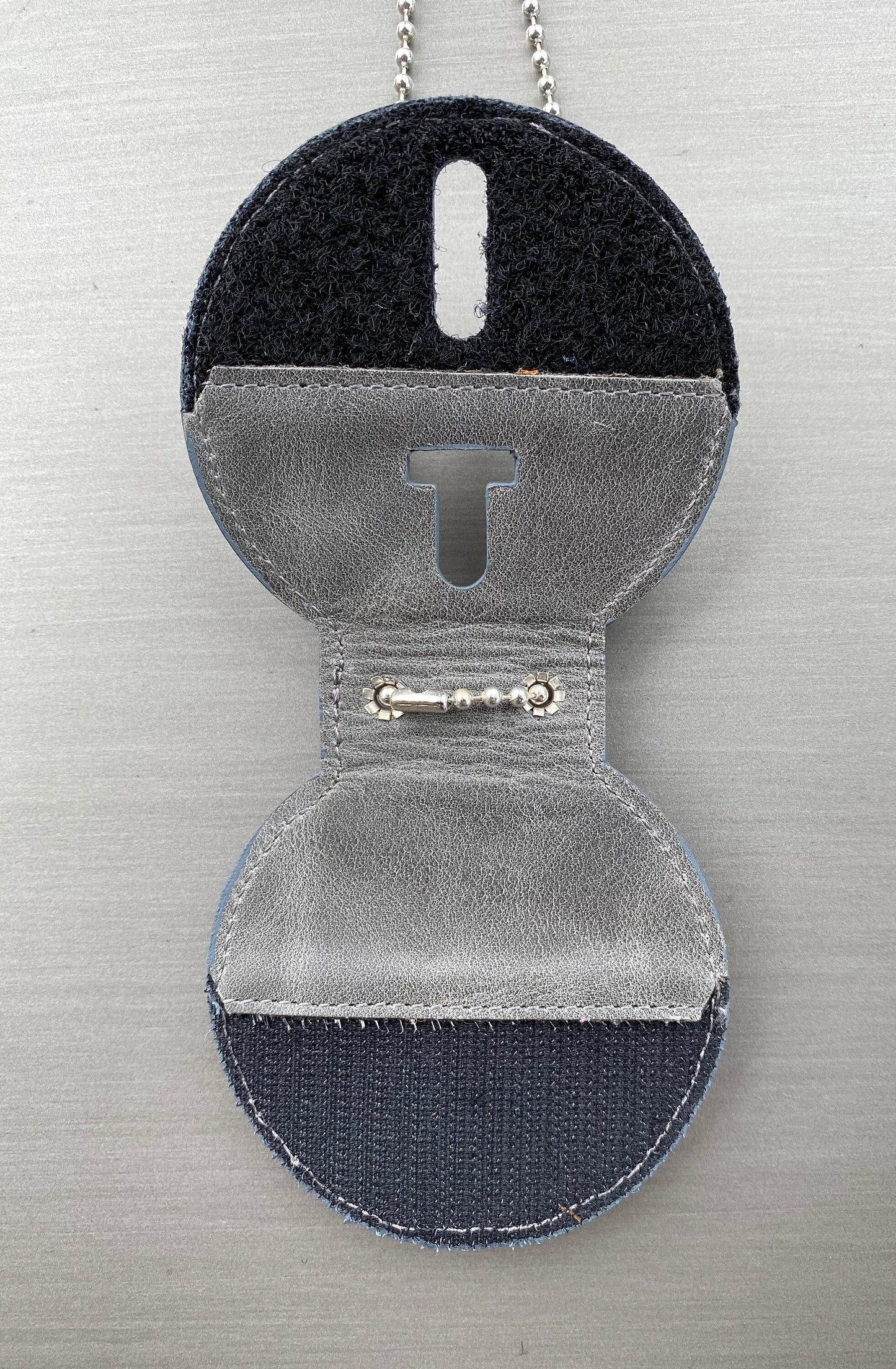 Police Badge Holder-Gray Full Grain Leather-Round Belt Clip - Optional to Use Around The Neck