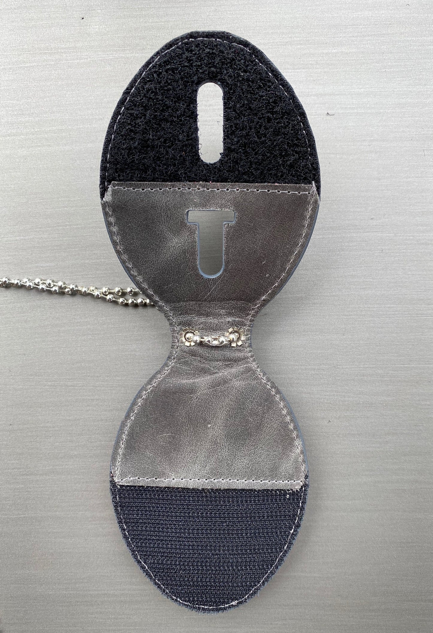 Police Badge Holder-Gray Full Grain Leather-Oval Belt Clip - Optional to Use Around The Nck