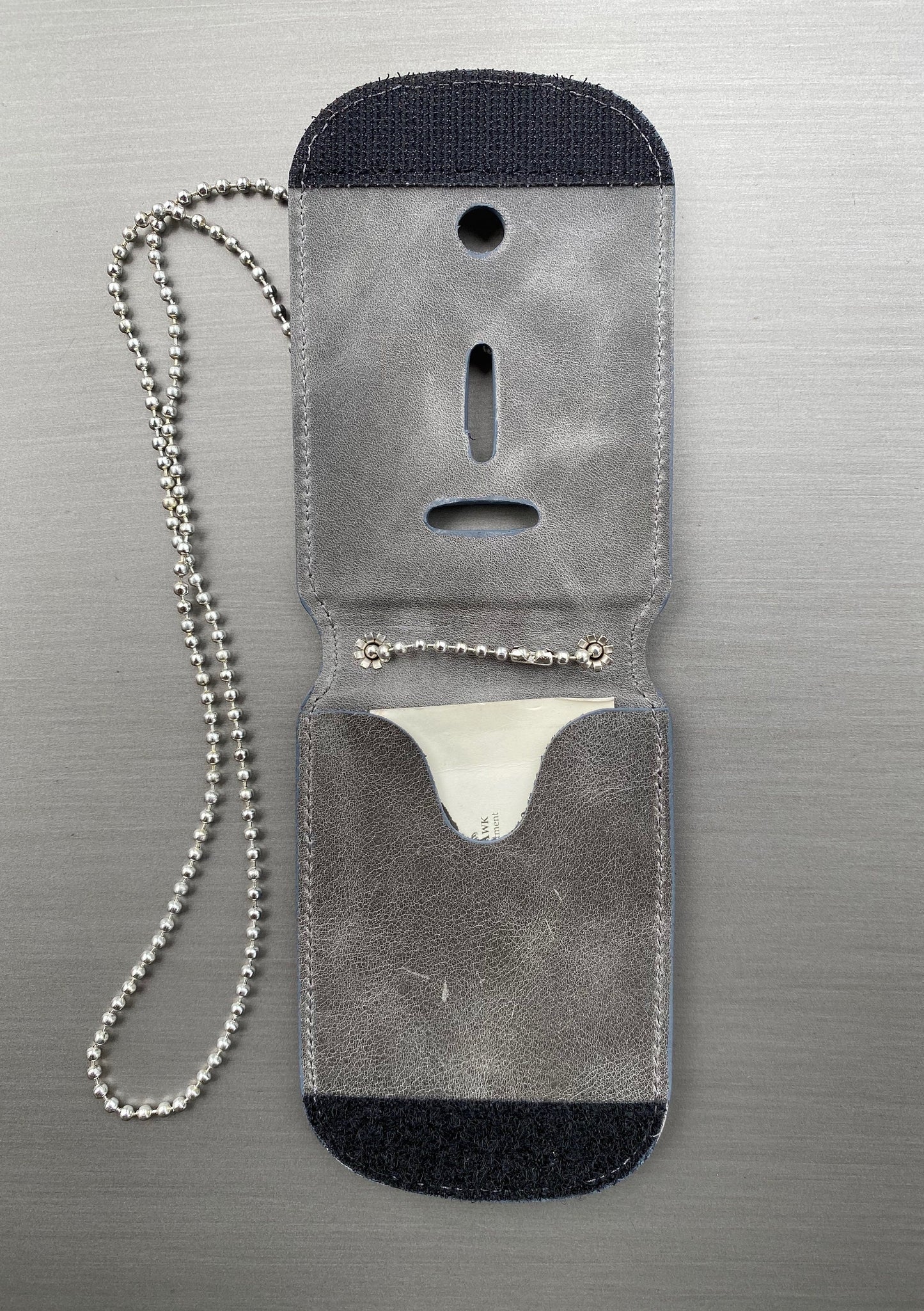Police Badge Holder-Gray Full Grain Leather with Neck Chain-Police Badge and ID Holder with Extra Hidden Inside ID Card Storage