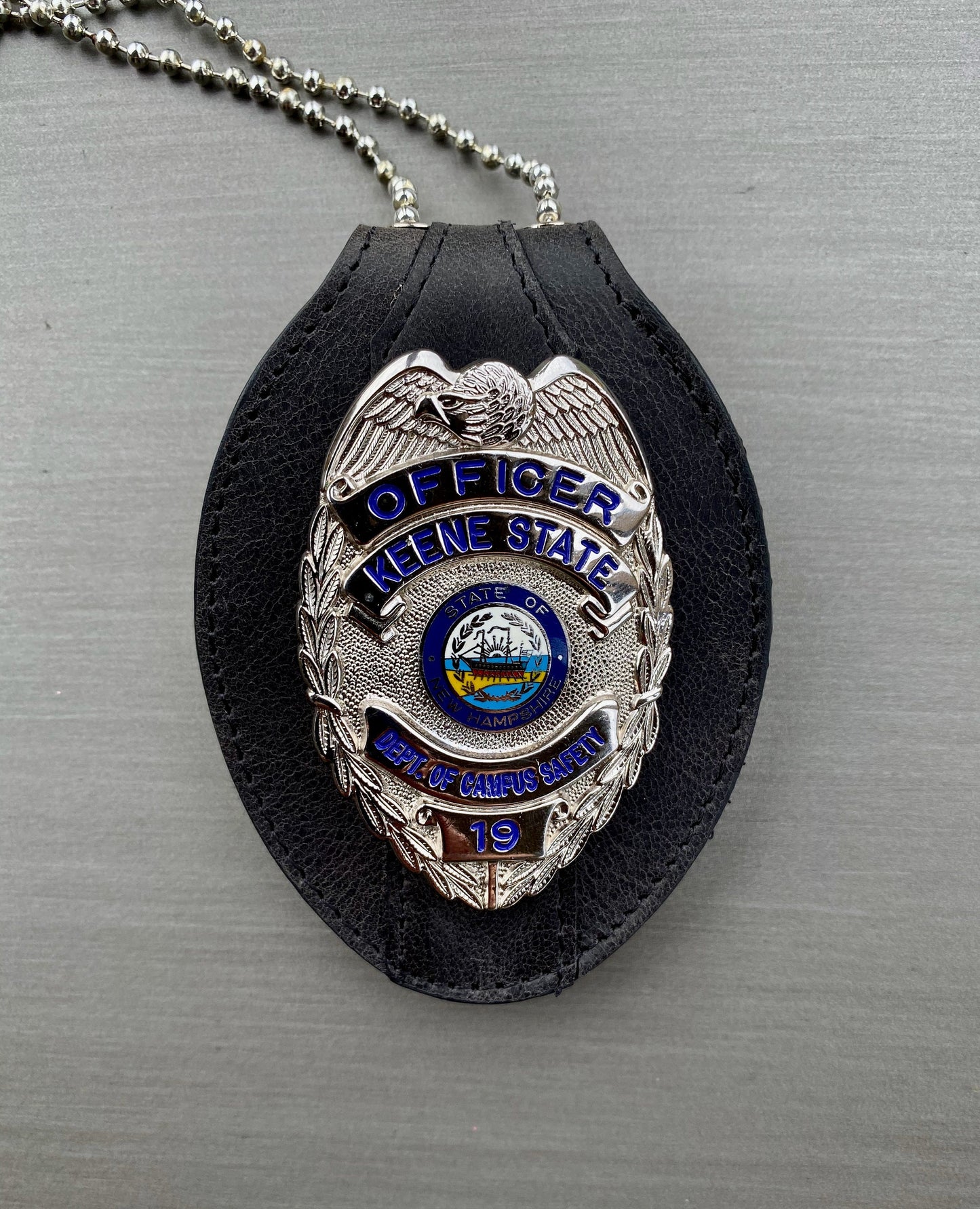 Police Badge Holder-Black Full Grain Leather-Oval Badge Holder Belt Clip - Optional to Use Around The Neck