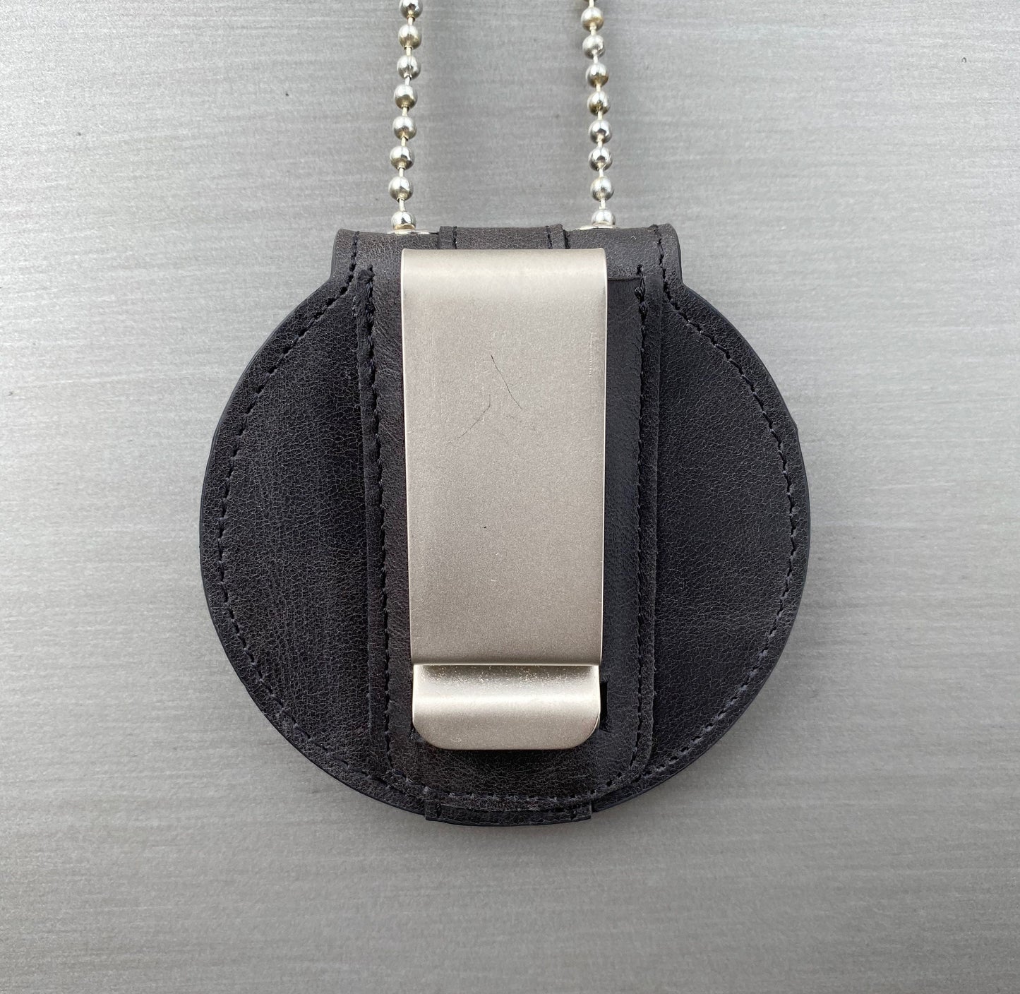 Law Enforcement Black Full Grain Leather Round Police Badge Holder-Belt Clip - Optional to Use Around The Neck