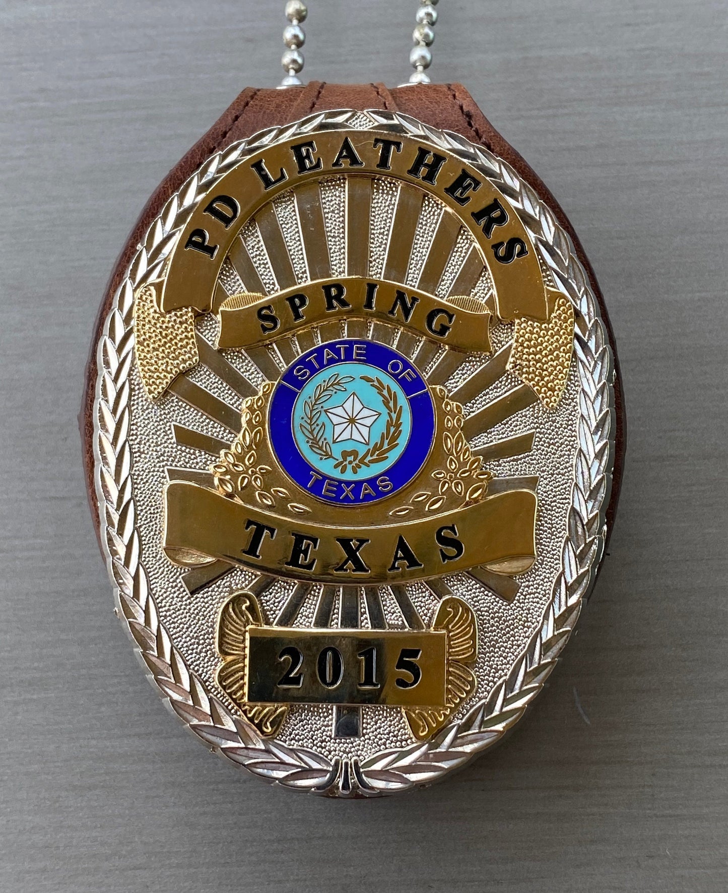 Police Badge Holder-Saddle Brown Full Grain Leather-Oval Belt Clip - Optional to Use Around The Neck