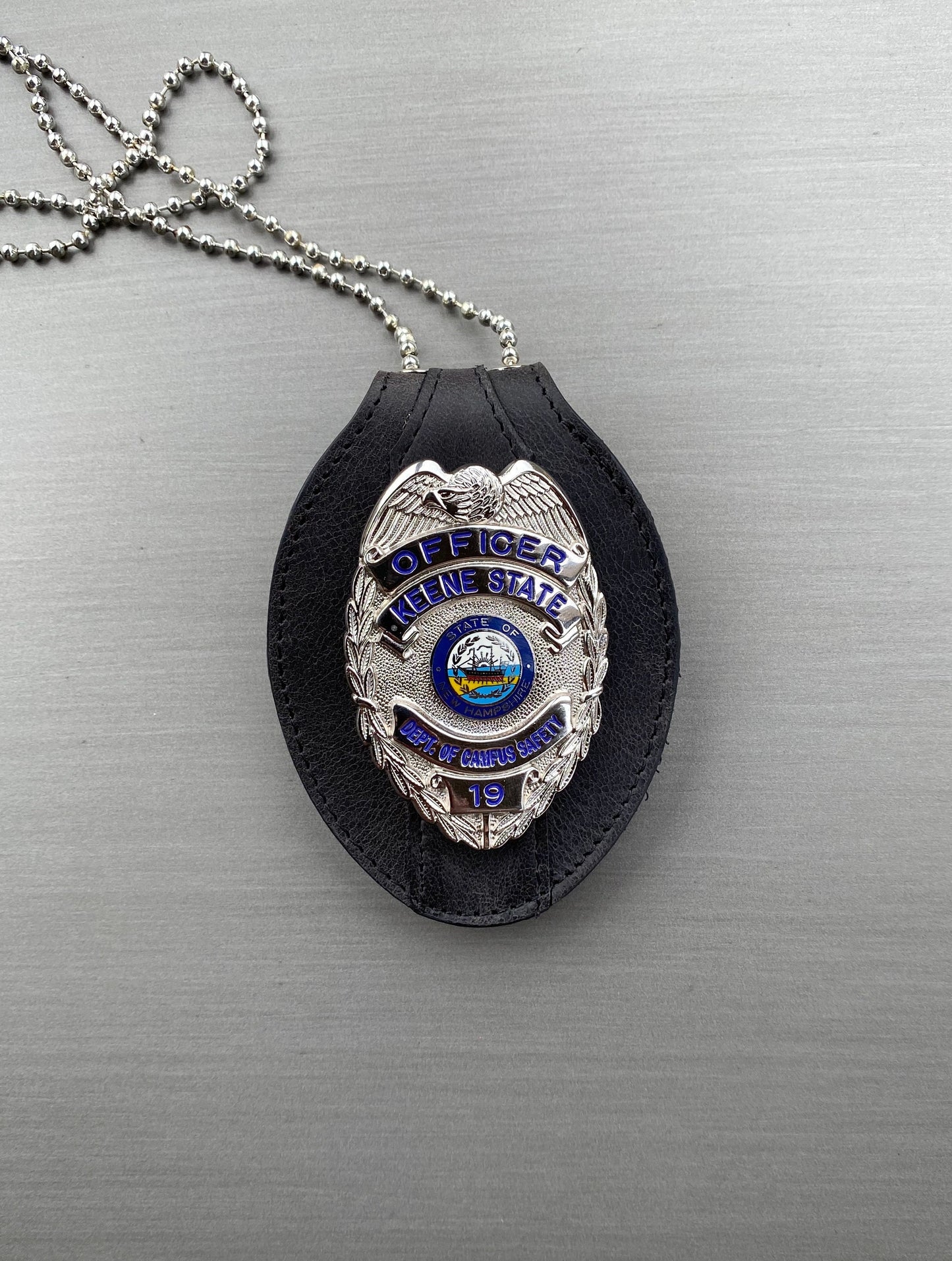 Police Badge Holder-Black Full Grain Leather-Oval Badge Holder Belt Clip - Optional to Use Around The Neck