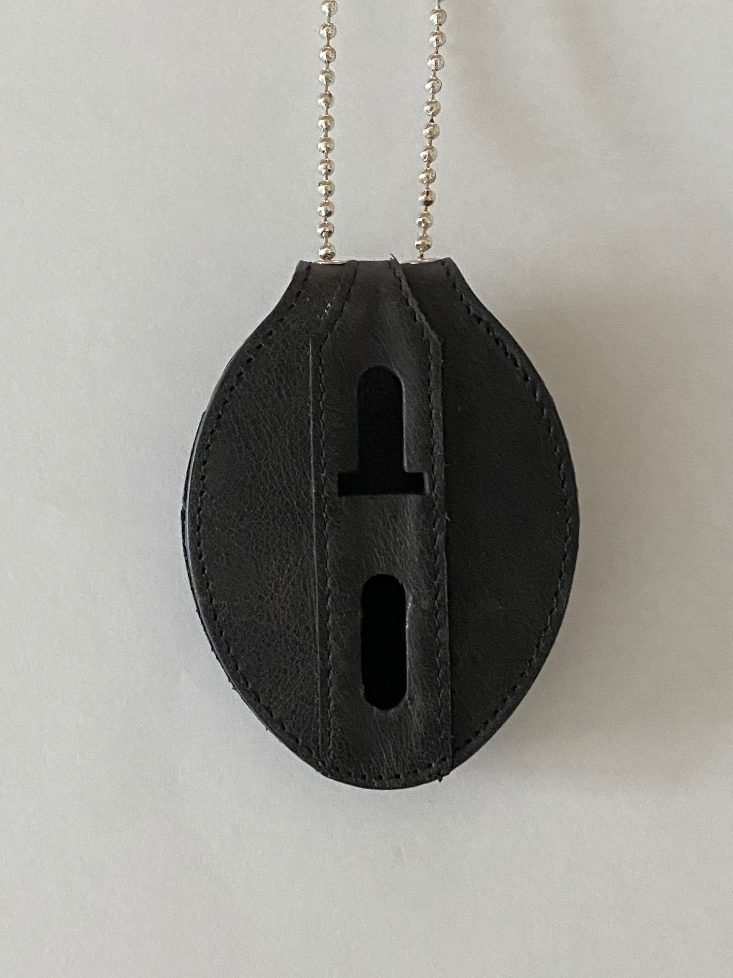 Police Badge Holder-Black Full Grain Leather-Oval Badge Holder Belt Clip - Optional to Use Around The Neck