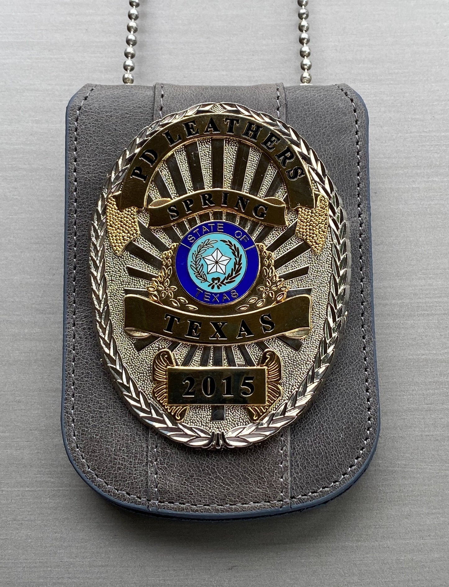 Police Badge Holder-Gray Full Grain Leather with Neck Chain-Police Badge and ID Holder with Extra Hidden Inside ID Card Storage