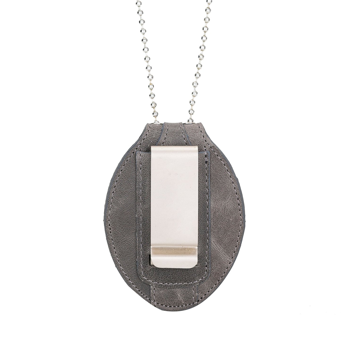 Police Badge Holder-Gray Full Grain Leather-Oval Belt Clip - Optional to Use Around The Nck