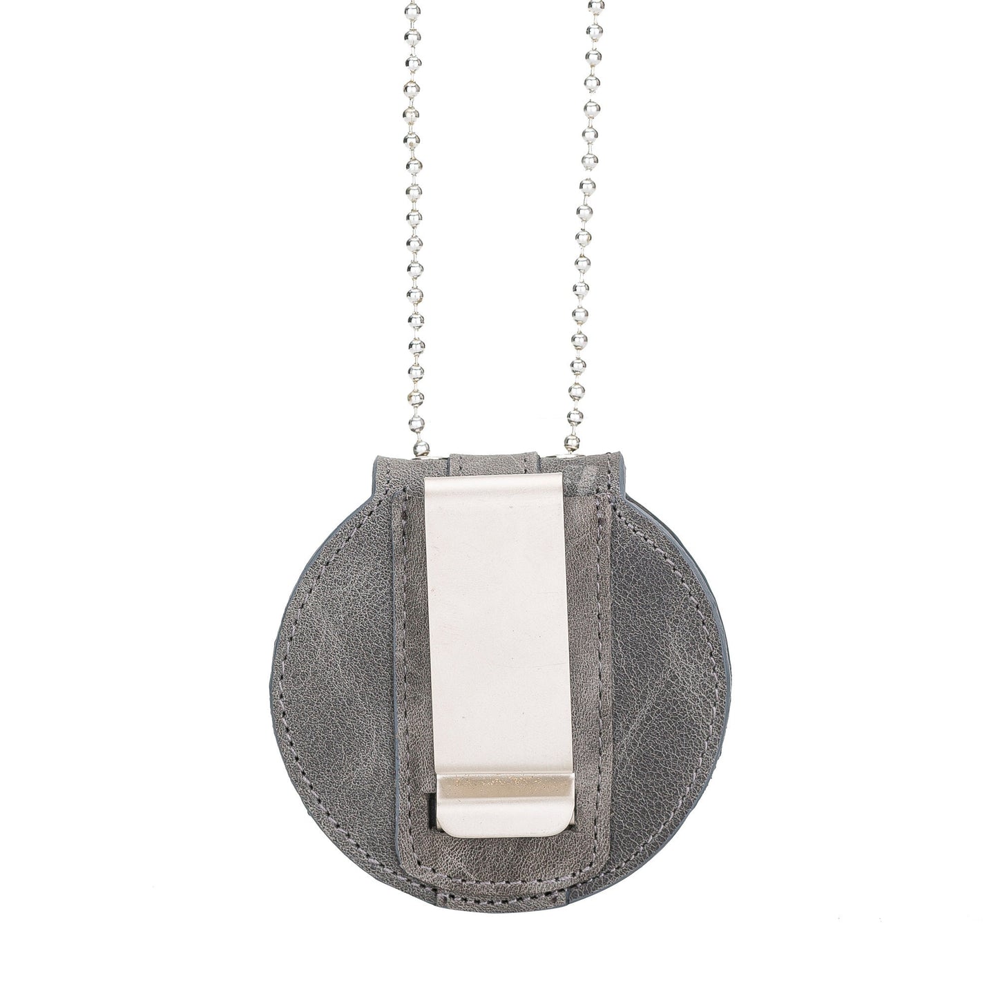 Police Badge Holder-Gray Full Grain Leather-Round Belt Clip - Optional to Use Around The Neck