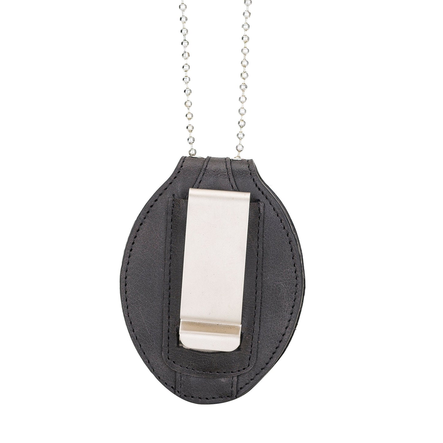 Police Badge Holder-Black Full Grain Leather-Oval Badge Holder Belt Clip - Optional to Use Around The Neck