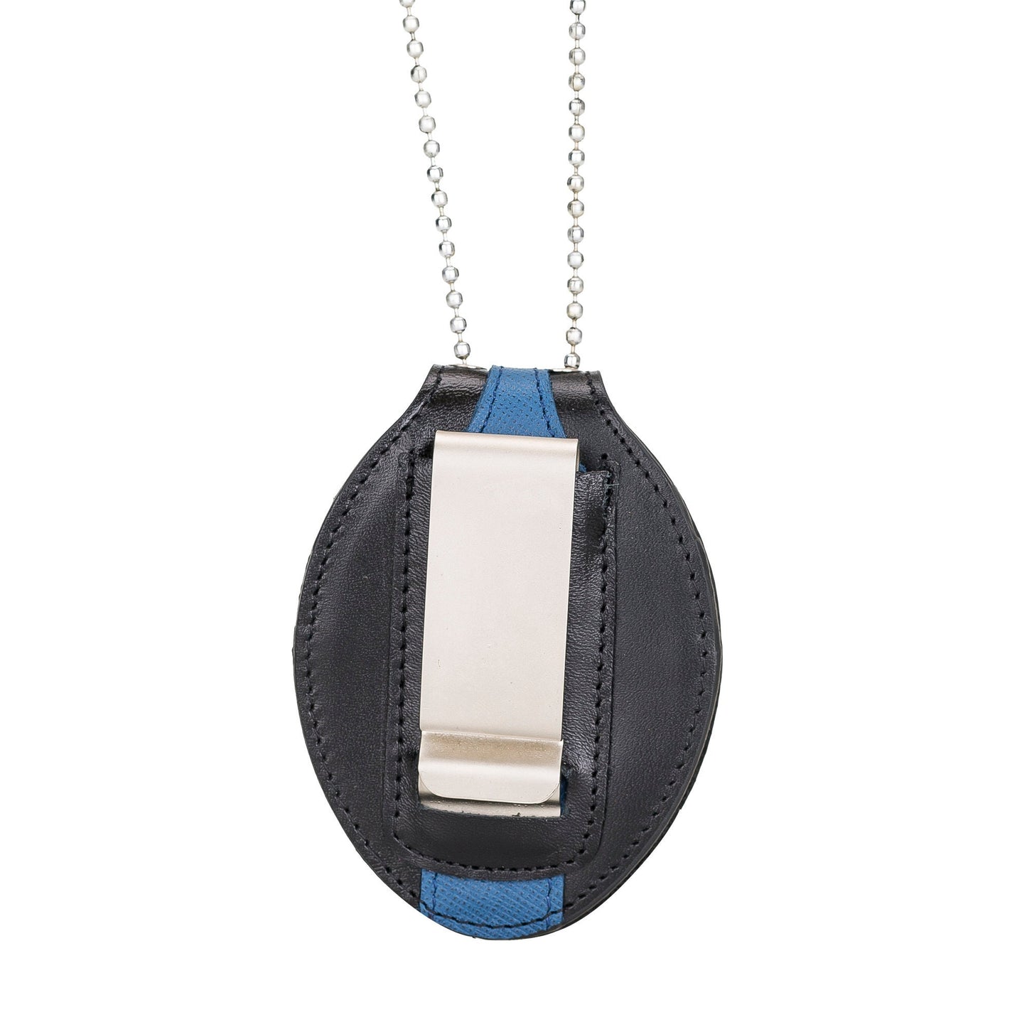 Police Badge Holder-Thin Blue Line Full Grain Leather-Oval Belt Clip - Optional to Use Around The Neck