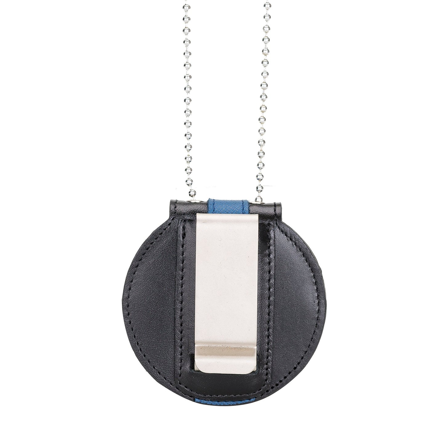 Police Badge Holder-Thin Blue Line & Black Full Grain Leather- Round Belt Clip - Optional to Use Around The Neck