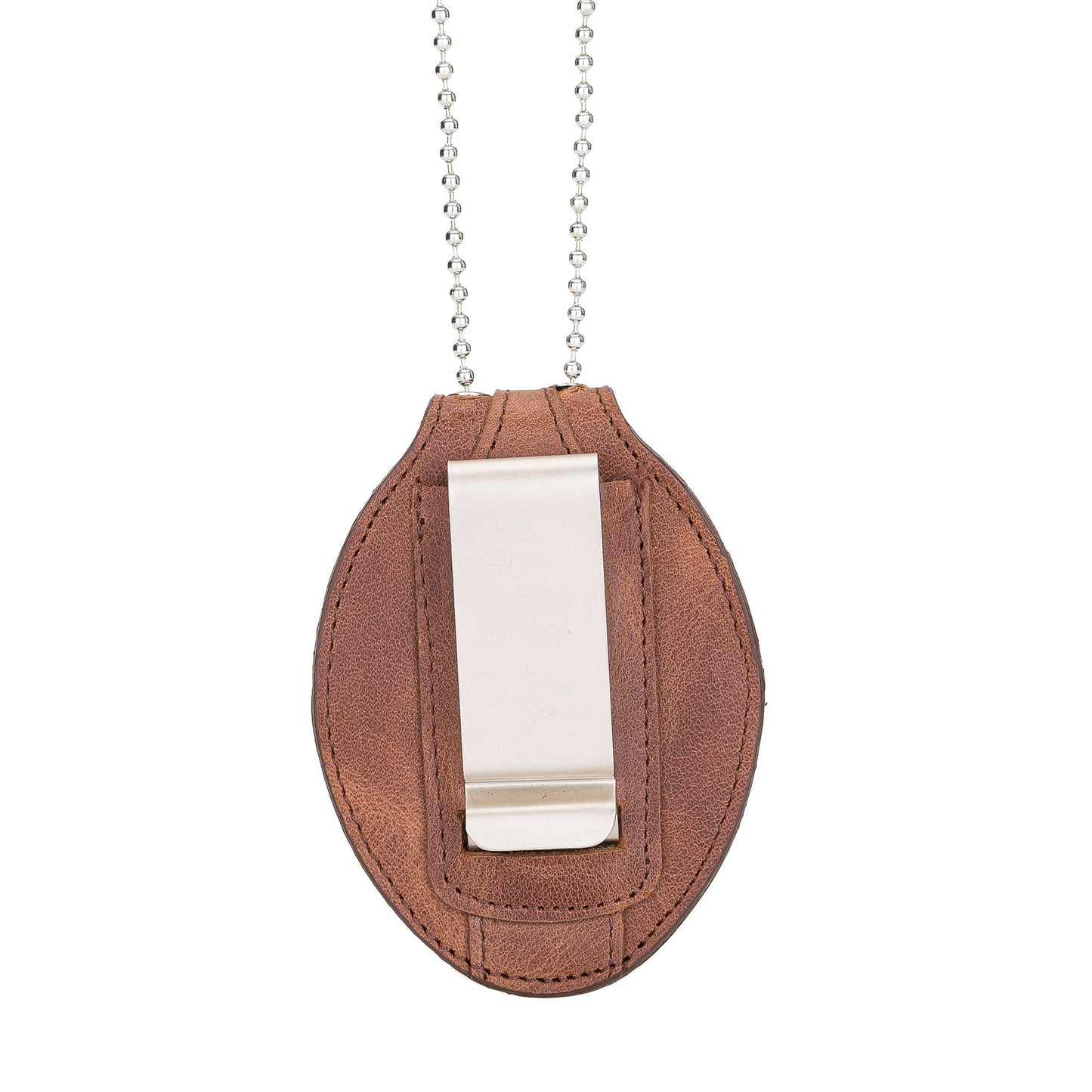 Police Badge Holder-Saddle Brown Full Grain Leather-Oval Belt Clip - Optional to Use Around The Neck