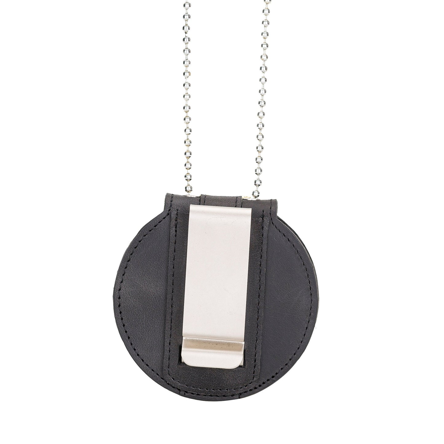Law Enforcement Black Full Grain Leather Round Police Badge Holder-Belt Clip - Optional to Use Around The Neck