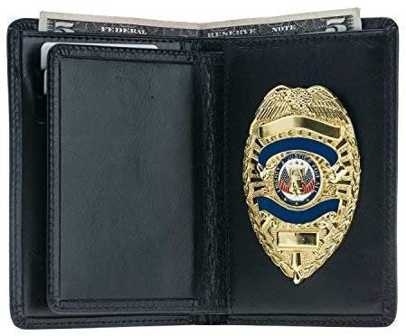 Police Badge Wallet All Leather Universal Fit- Carbon Black Accent Leather-For Pin Back Badge