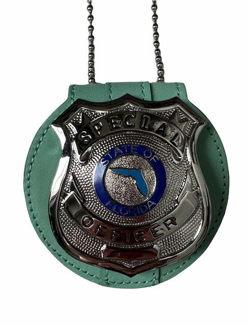 Police Badge Holder-Turquoise Full Grain Leather-Round Belt Clip - Optional to Use Around The Neck