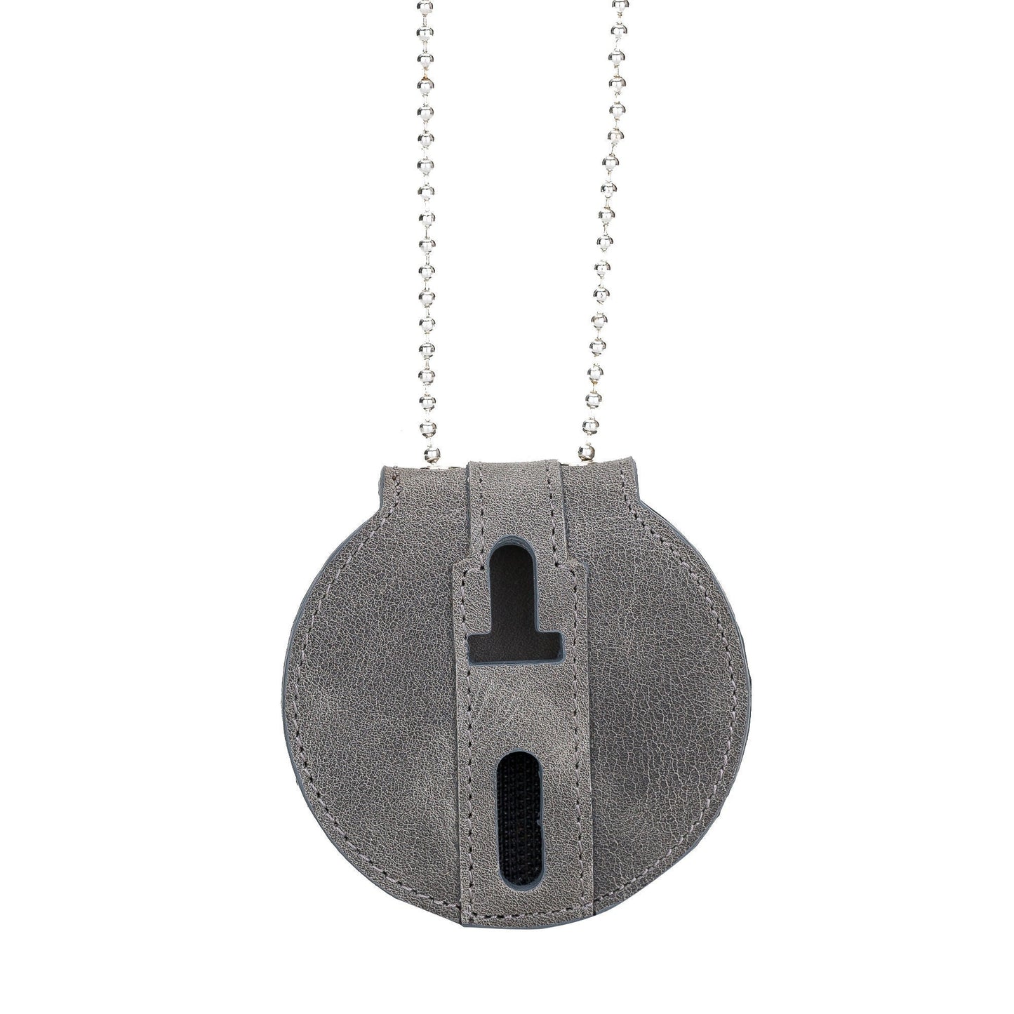 Police Badge Holder-Gray Full Grain Leather-Round Belt Clip - Optional to Use Around The Neck