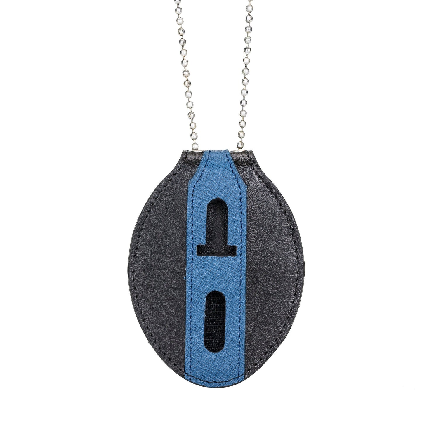Police Badge Holder-Thin Blue Line Full Grain Leather-Oval Belt Clip - Optional to Use Around The Neck